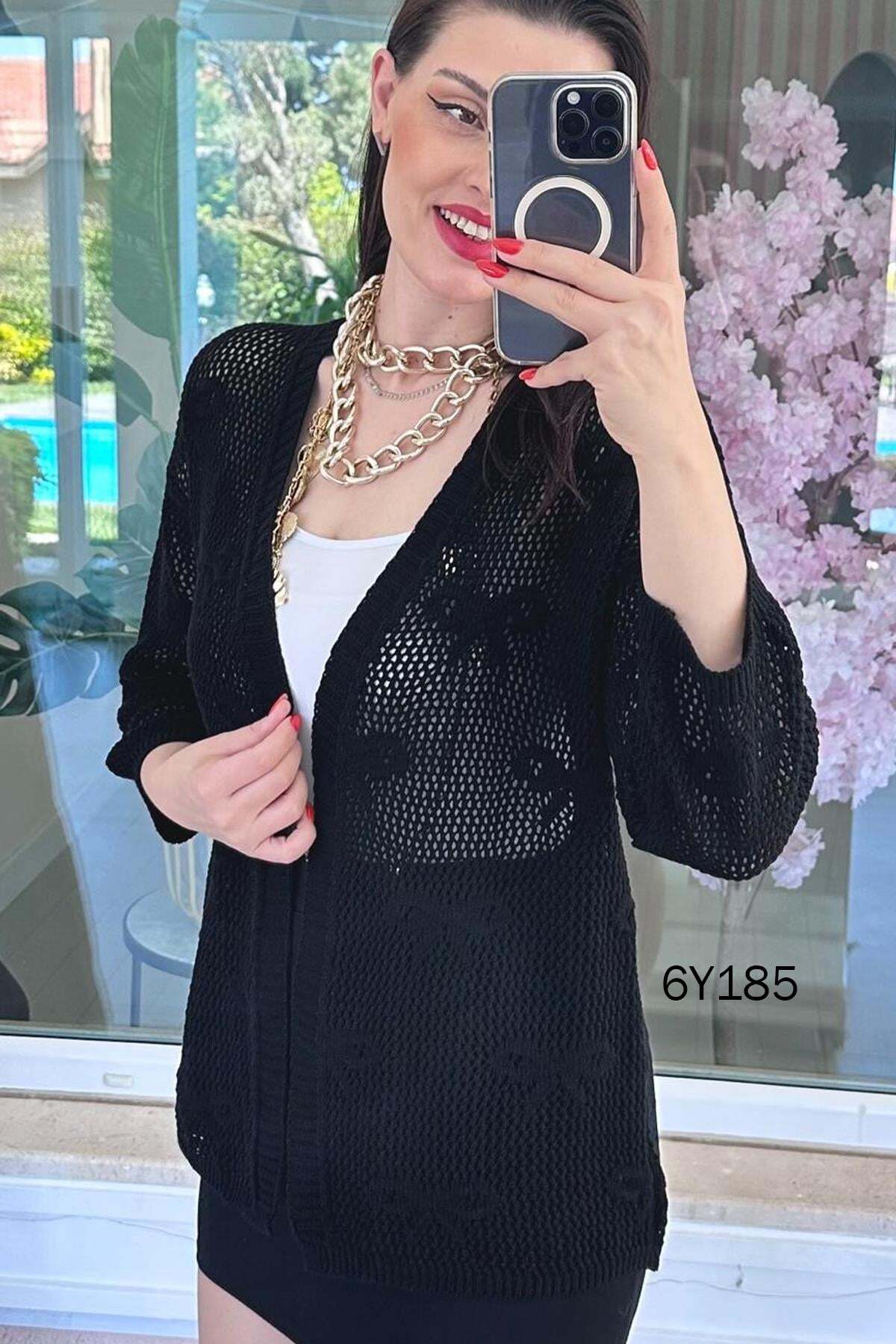 İnce Topuk Fiyonk Desenli Ajurlu Triko Hırka 6y185