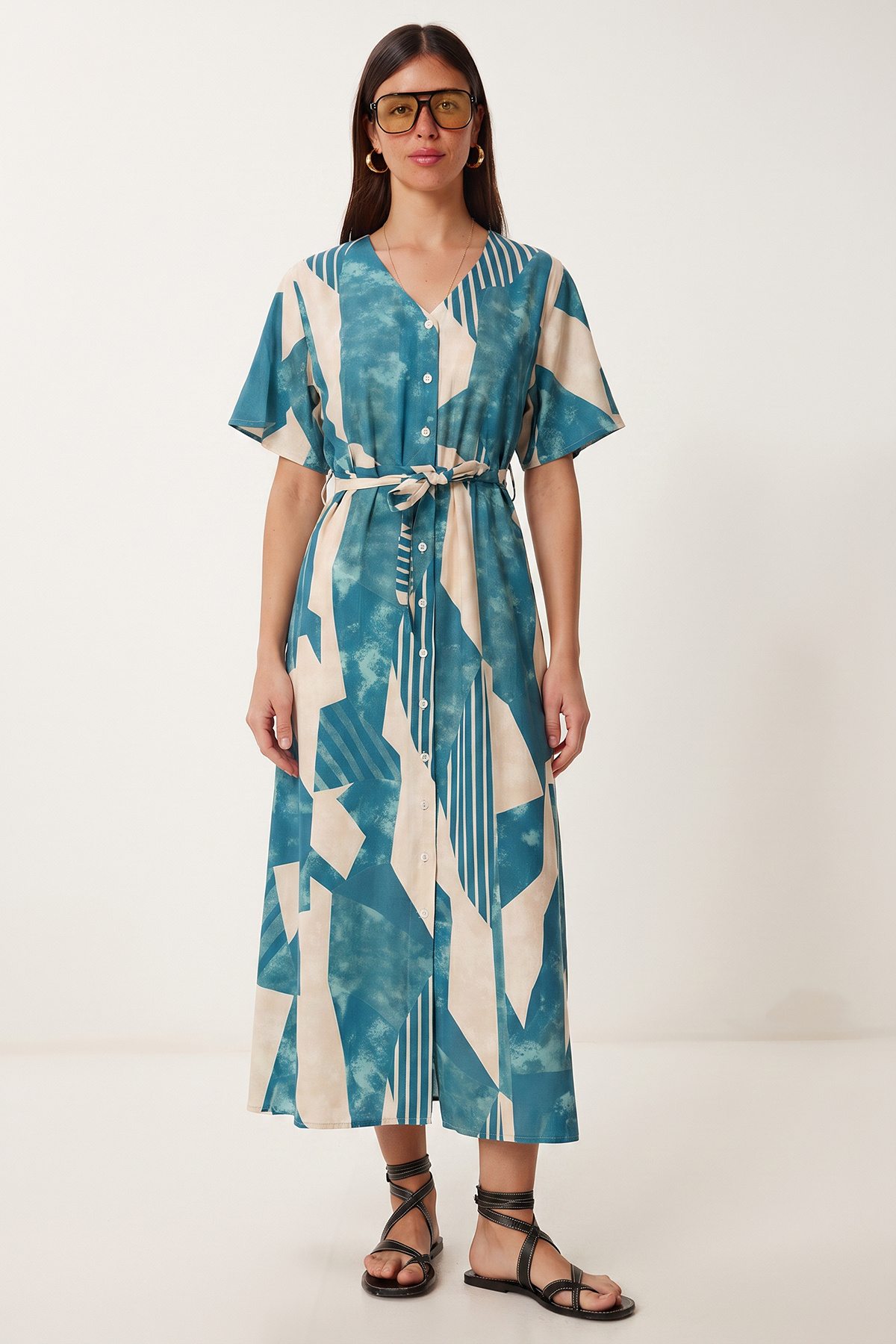 Patterned Belted Viscose Shirt Dress LRN0046 PETROLEUM BLUE BONE