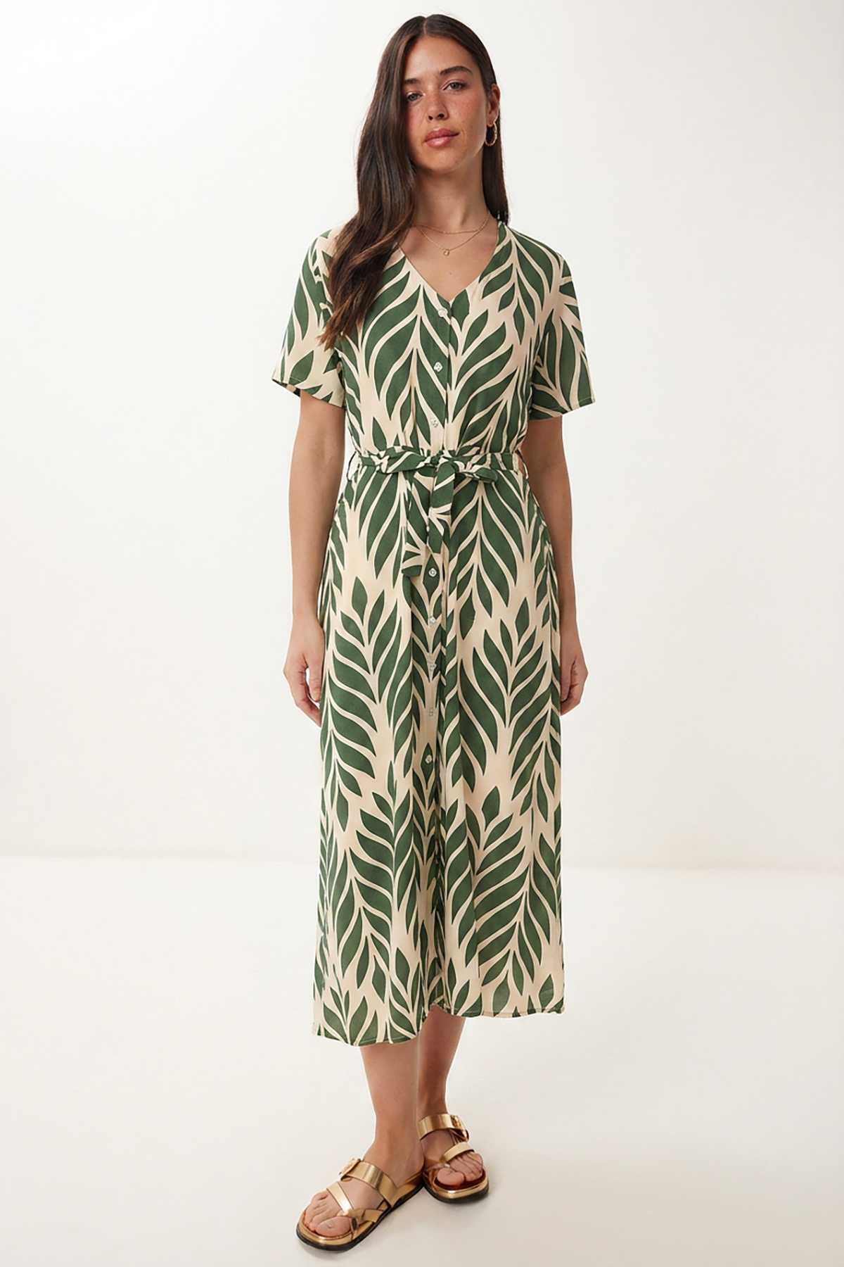 Patterned Belted Viscose Shirt Dress LRN0046 KHAKI BONE