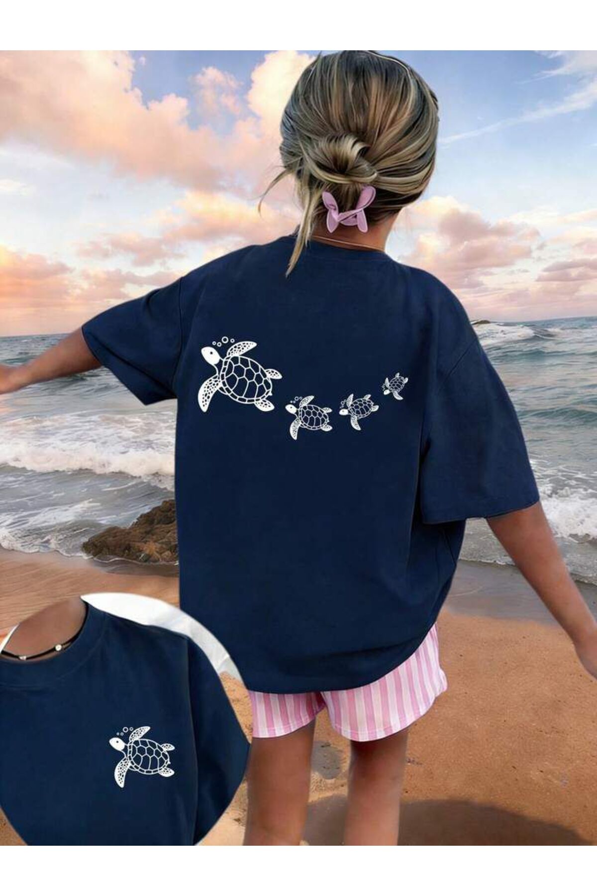 Girl Front Back Turtle Printed Navy Blue T-Shirt-Striped Pink-White Shorts Set