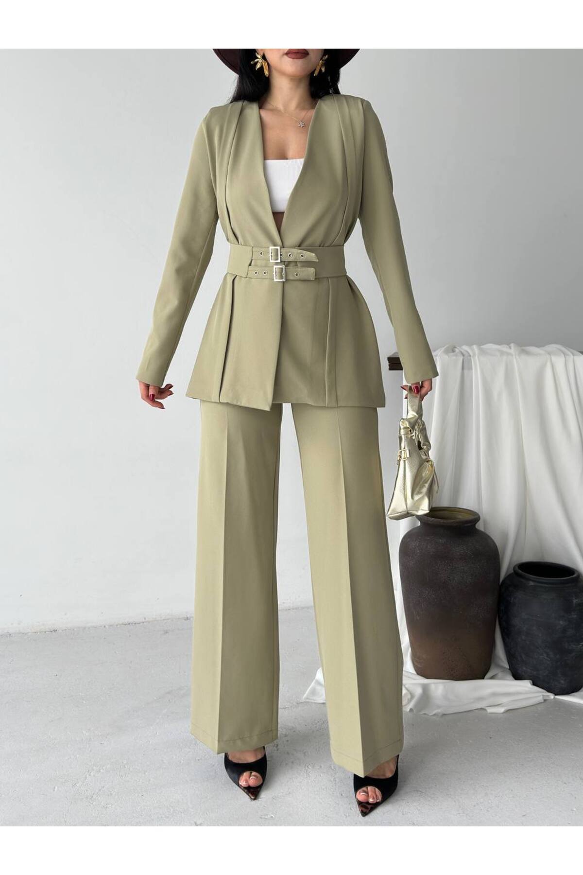 Ensemble deux pièces blazer et pantalon ceinturé Premium Fit - Görsel 6
