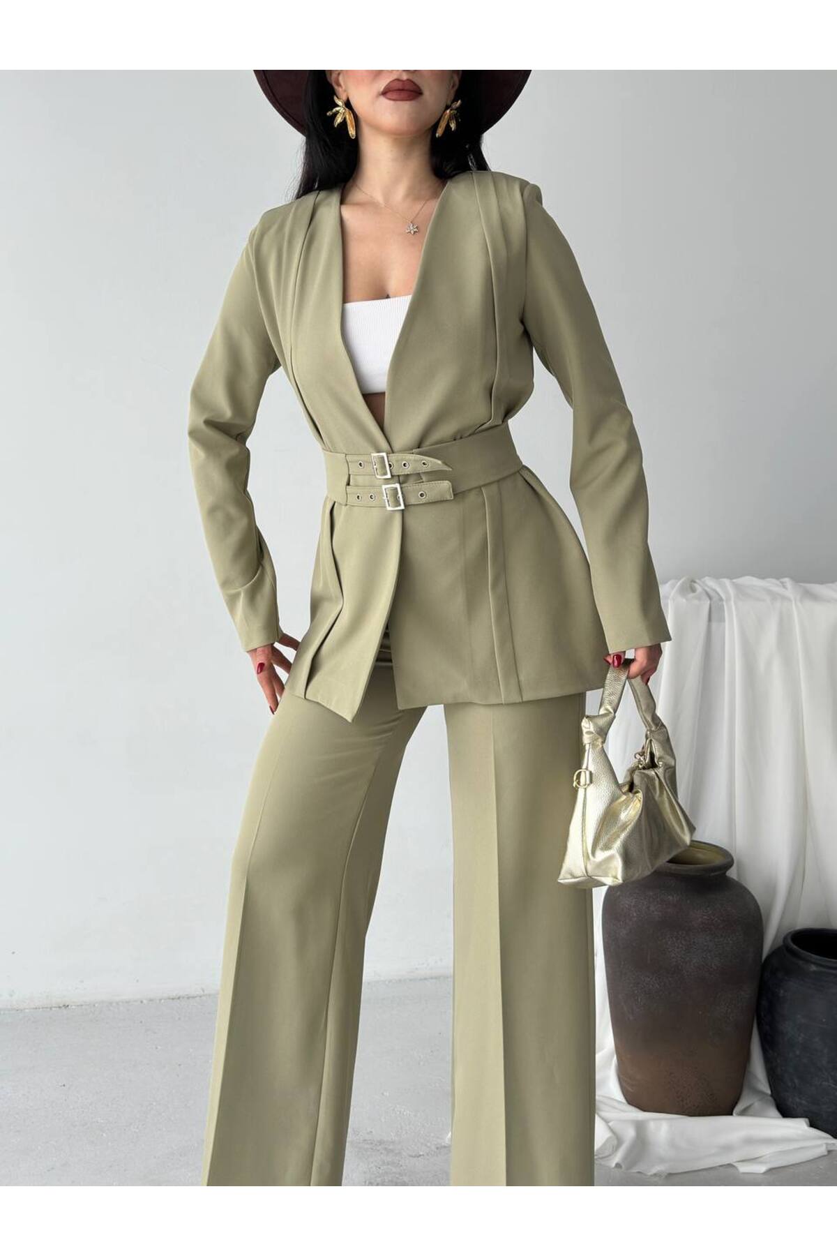 Ensemble deux pièces blazer et pantalon ceinturé Premium Fit - Görsel 5