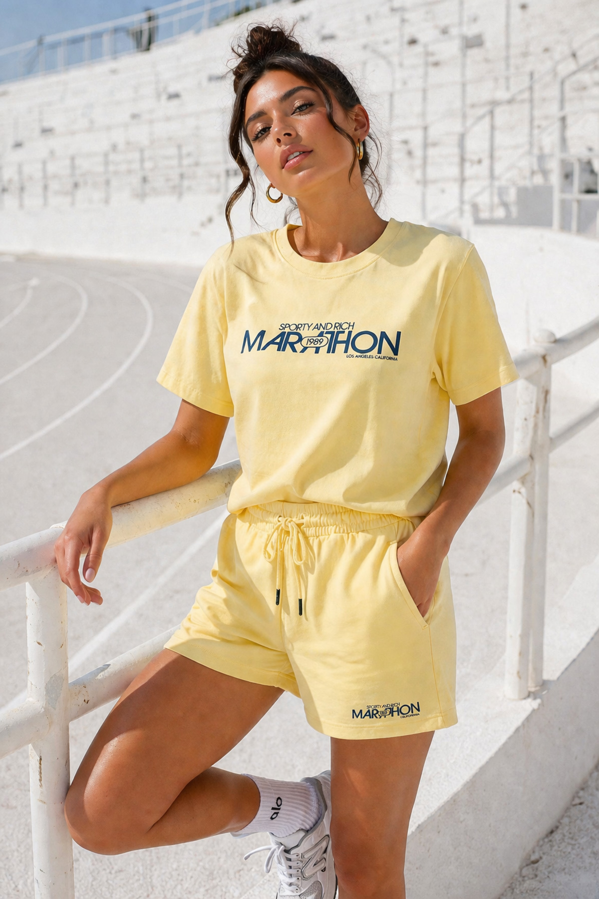 Women's Cotton Sporty&Rich Marathon Short Sleeve Oversized T-Shirt and Shorts Bottom Top Set 2pcs Set