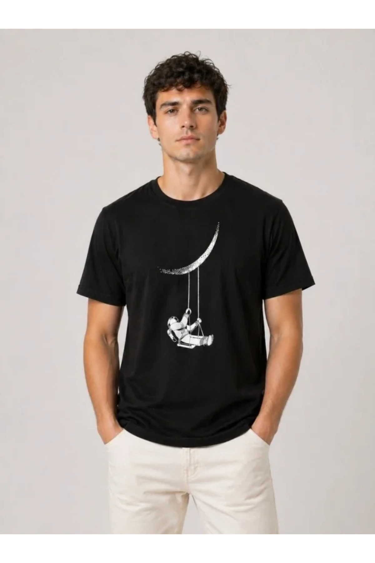 Erkek Astronot Ay Temalı Tişört Kısa Kol Yazlık Bisiklet Yaka T-Shirt - Siyah alternatif görünüm
