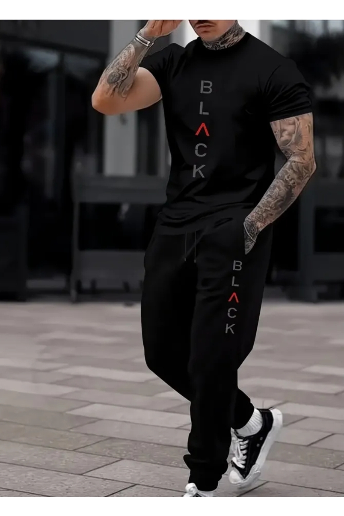 Gutsy T-Shirt Track Suit 2-Piece Combination Sweat-Absorbing Black Printed Women's / Men's Unisex