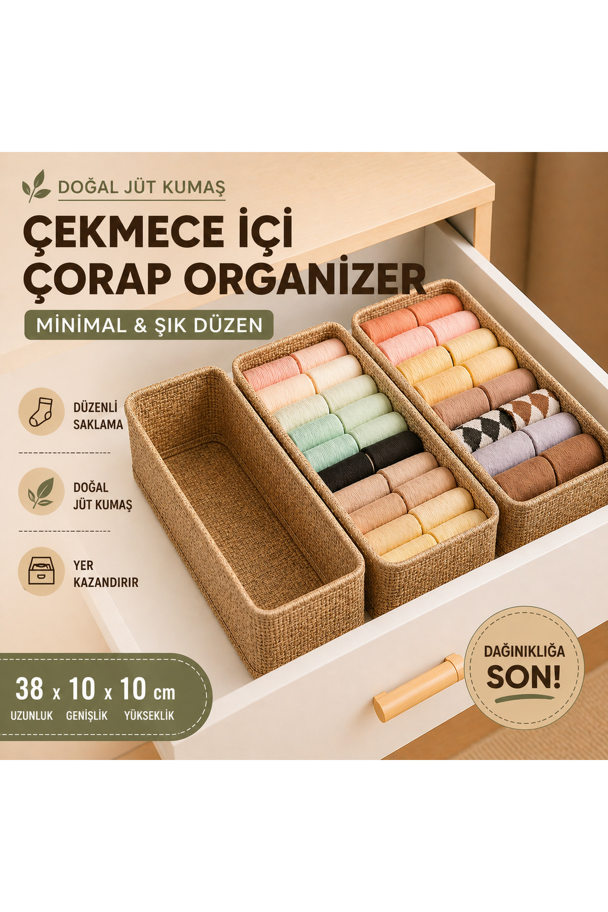4 Natural Jute Drawers and Cabinet Organizer, Shelf Organizer, Foldable Socks and Laundry Organizer