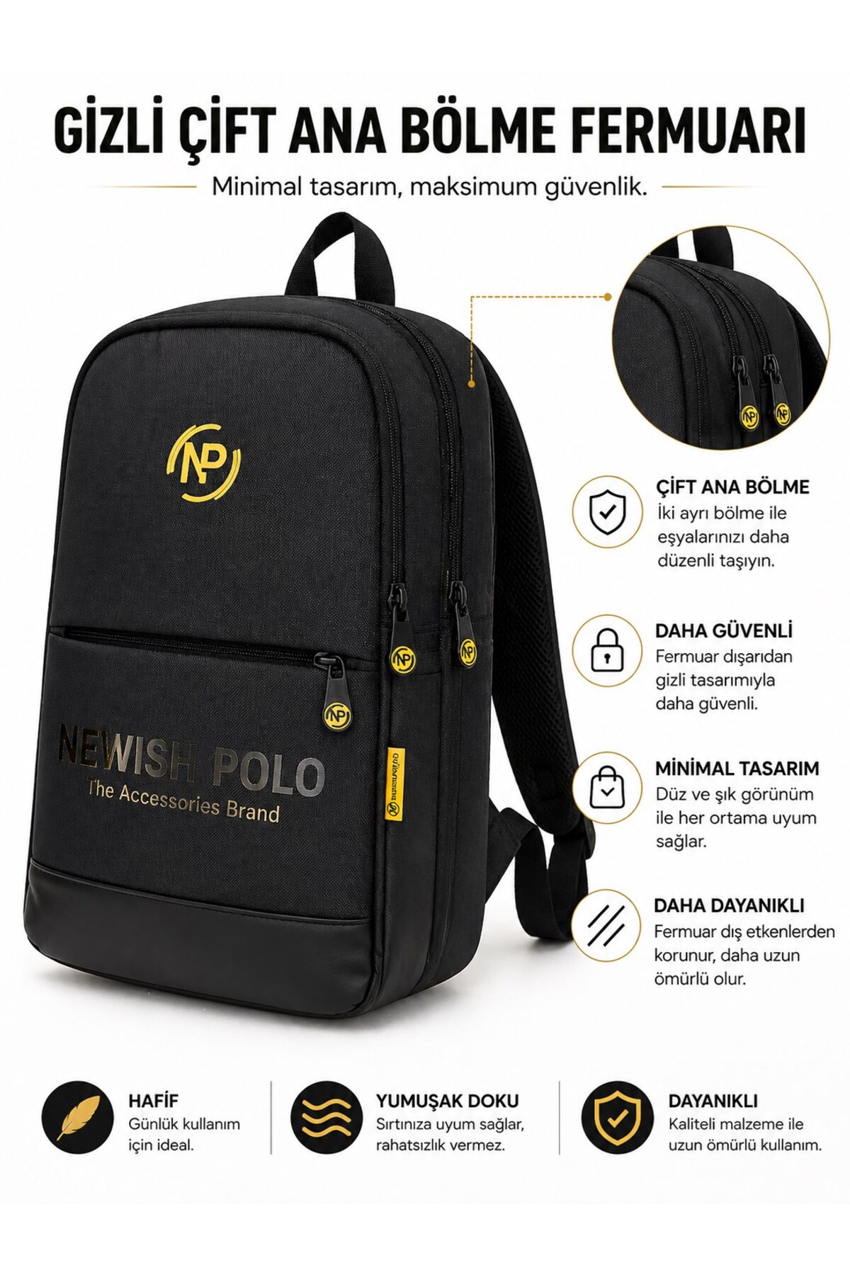Newish Unisex Minimal Sırt Çantası Laptop Bölmeli Şehir İçi Kullanım görsel 3