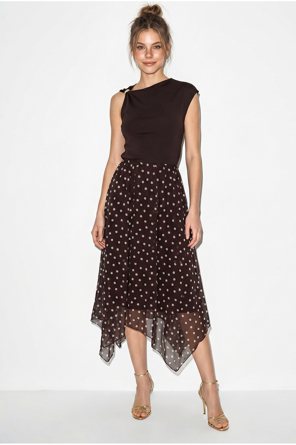 Women's Elastic Waist Asymmetrical Cut Lined Polka Dot Midi Skirt 60286217