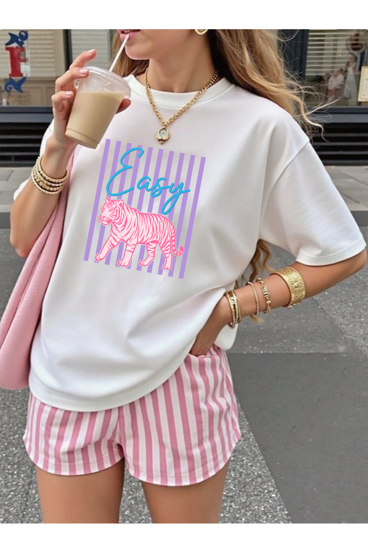 SUNFREE EASY Baskılı Oversize Kısa Kol Bisiklet Yaka Yazlık Tshirt