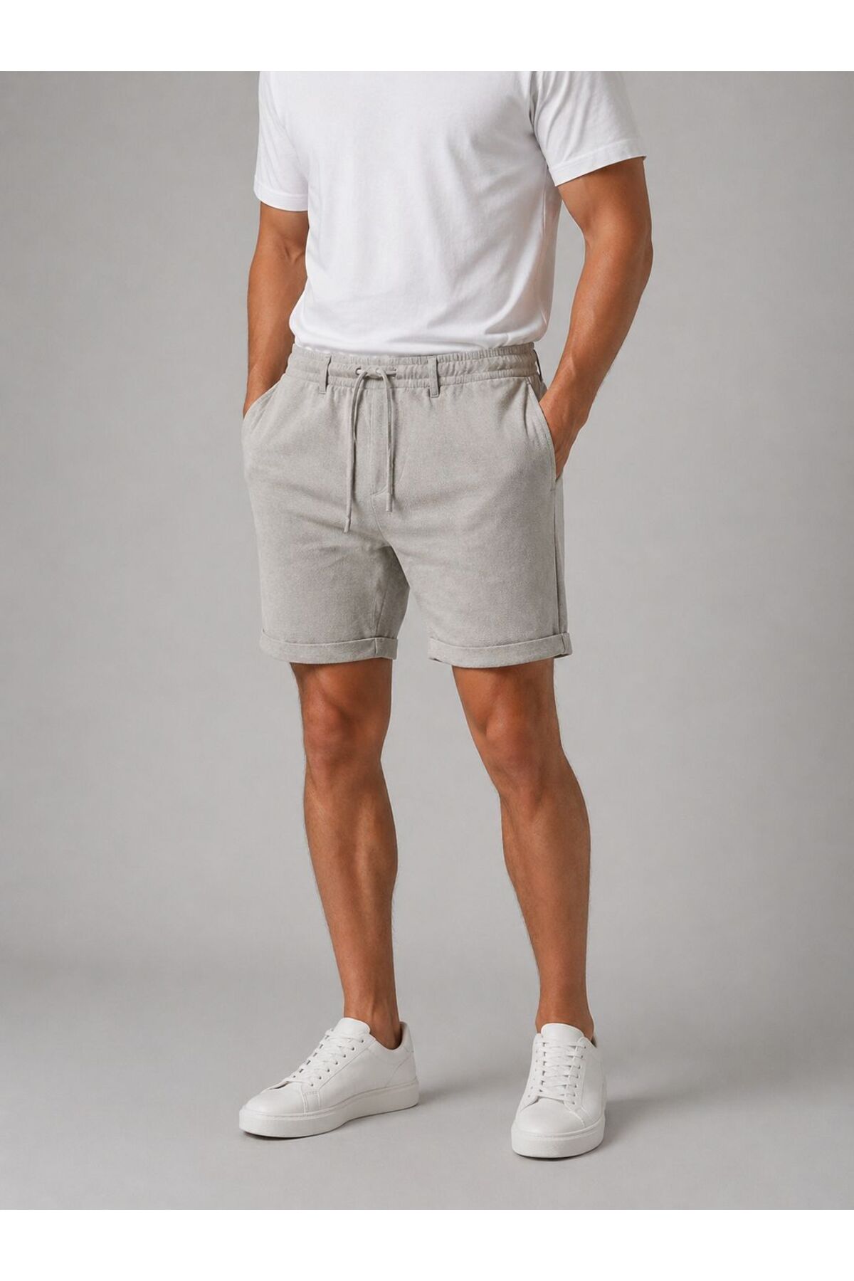 Bürke Erkek Gri Renk Regular Fit Düz Duble Paça Beli Bağcıklı Cepli Basic Düz Şort görsel 5