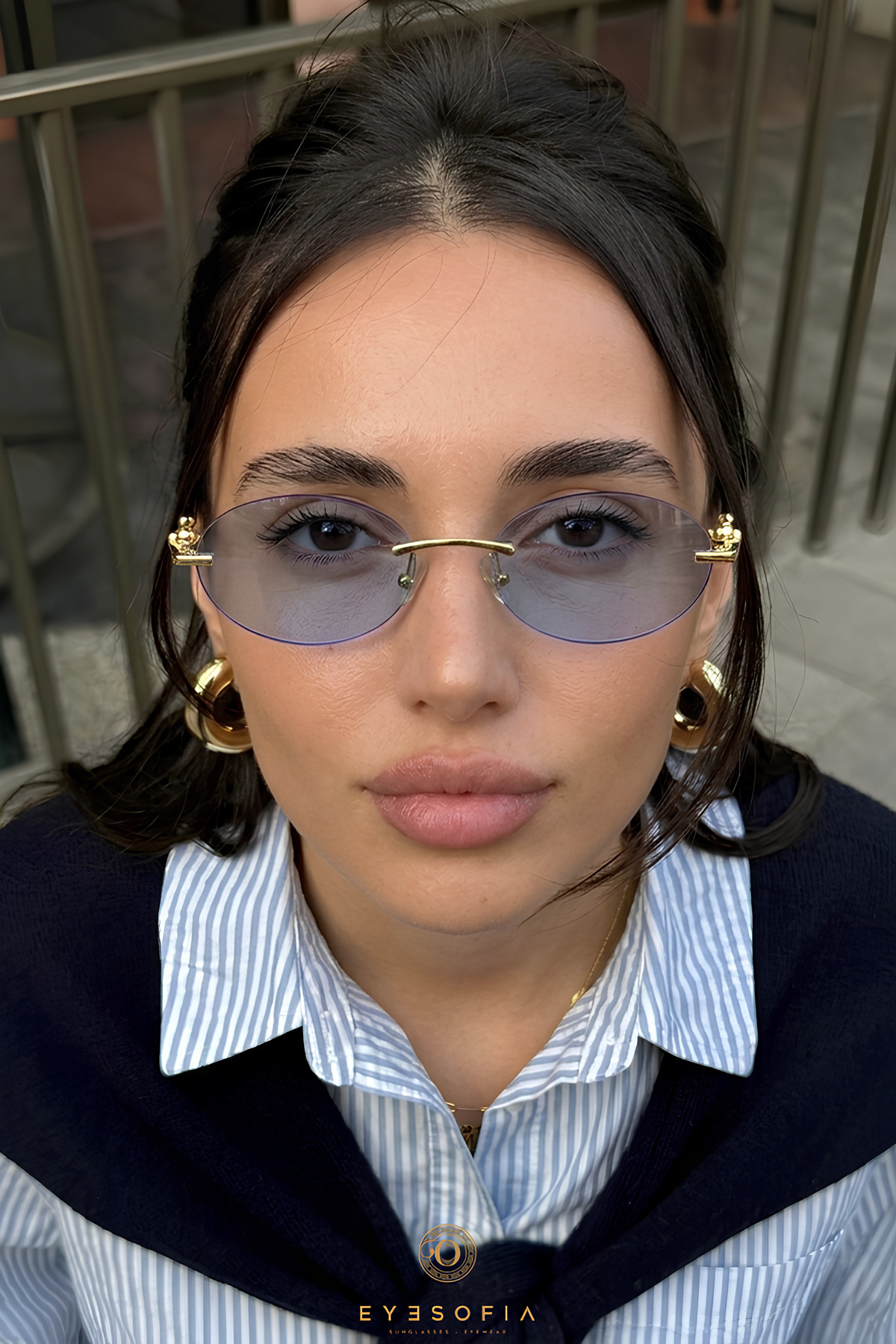Eyesofia Cartiess Unisex Elips Mavi Gold Çerçeveli Ultra Hafif Uv400 Filtreli Güneş Gözlüğü