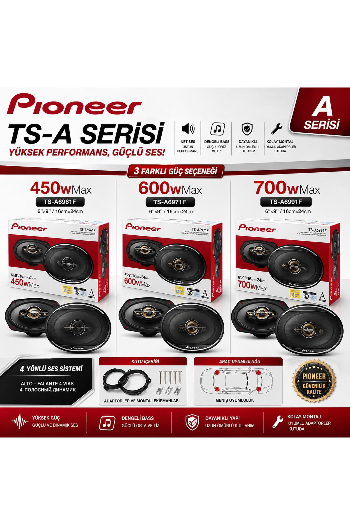 ぺん PIONER 6x9 Oto Hoparlör TS-A6961F / TS-A6971F / TS-A6991F 450W