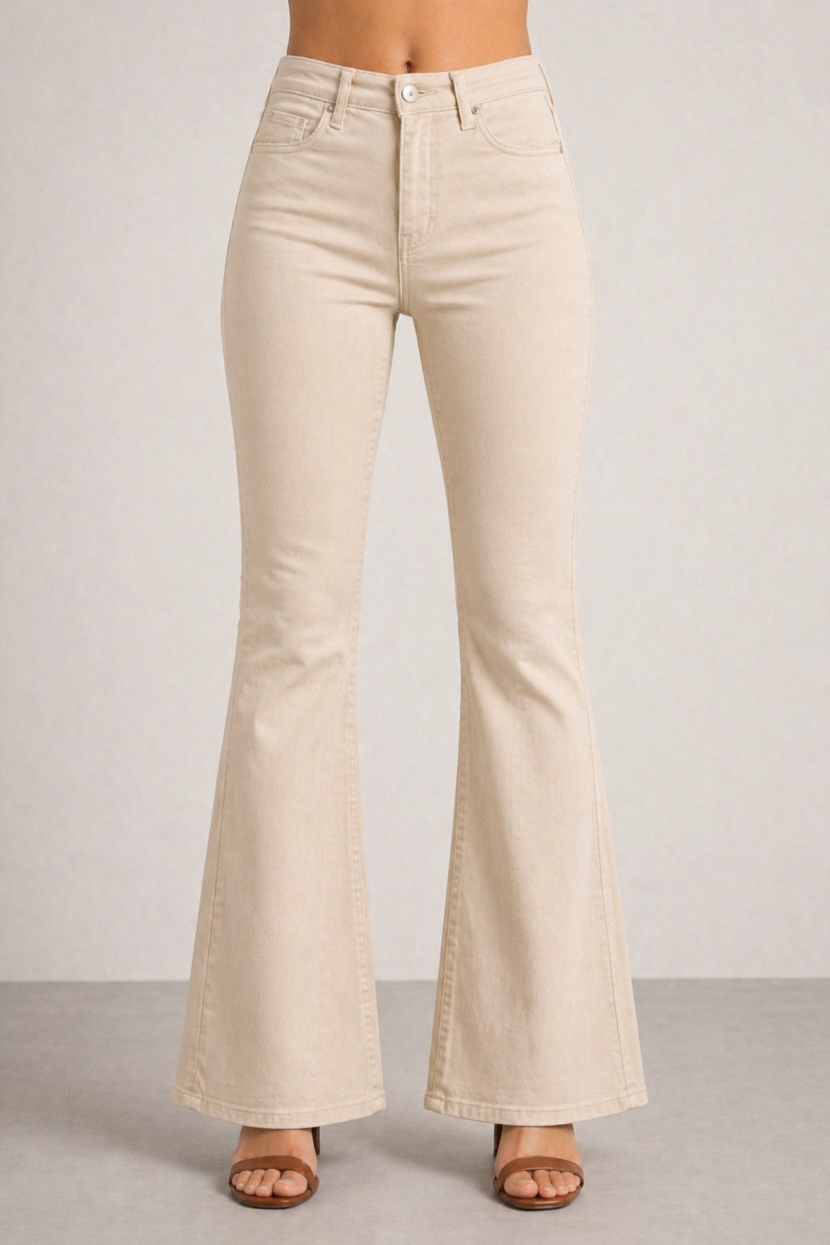 DELDNM Isabelle Kadın Yüksek Bel Bej Likralı İspanyol Paça Flare Jeans Pantolon Comfort Uzun görsel 2