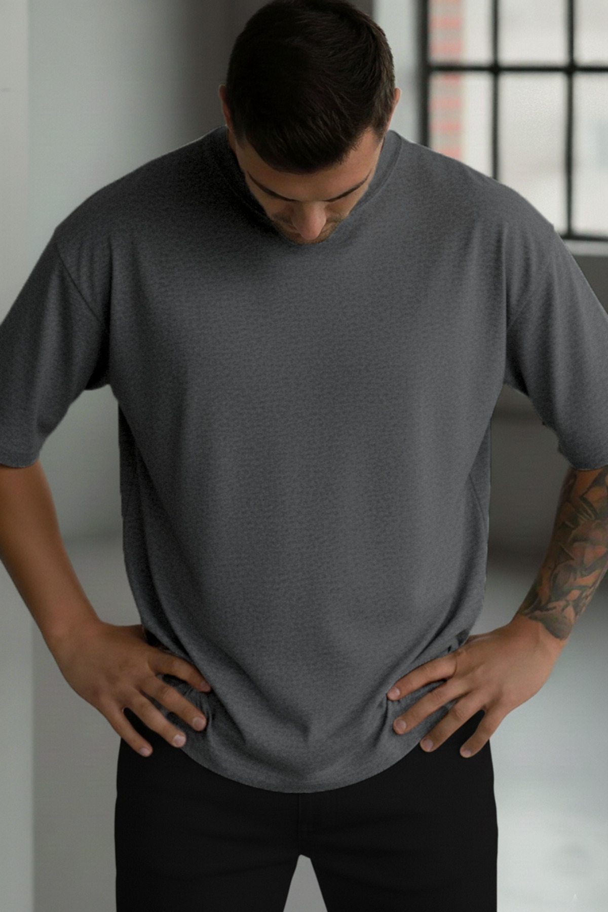 1 Men's Anthracite Melange Basic Plain Unprinted Oversize Salas Loose Fit T-shirt