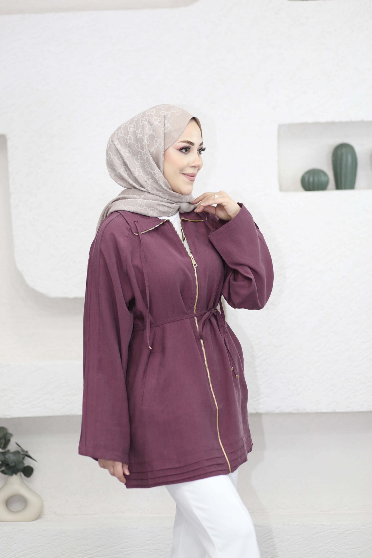 Suede Style 6451 - Rahat Fermuarlı Cepli Bel Büzgü Detaylı Uzun Tunik görsel 4