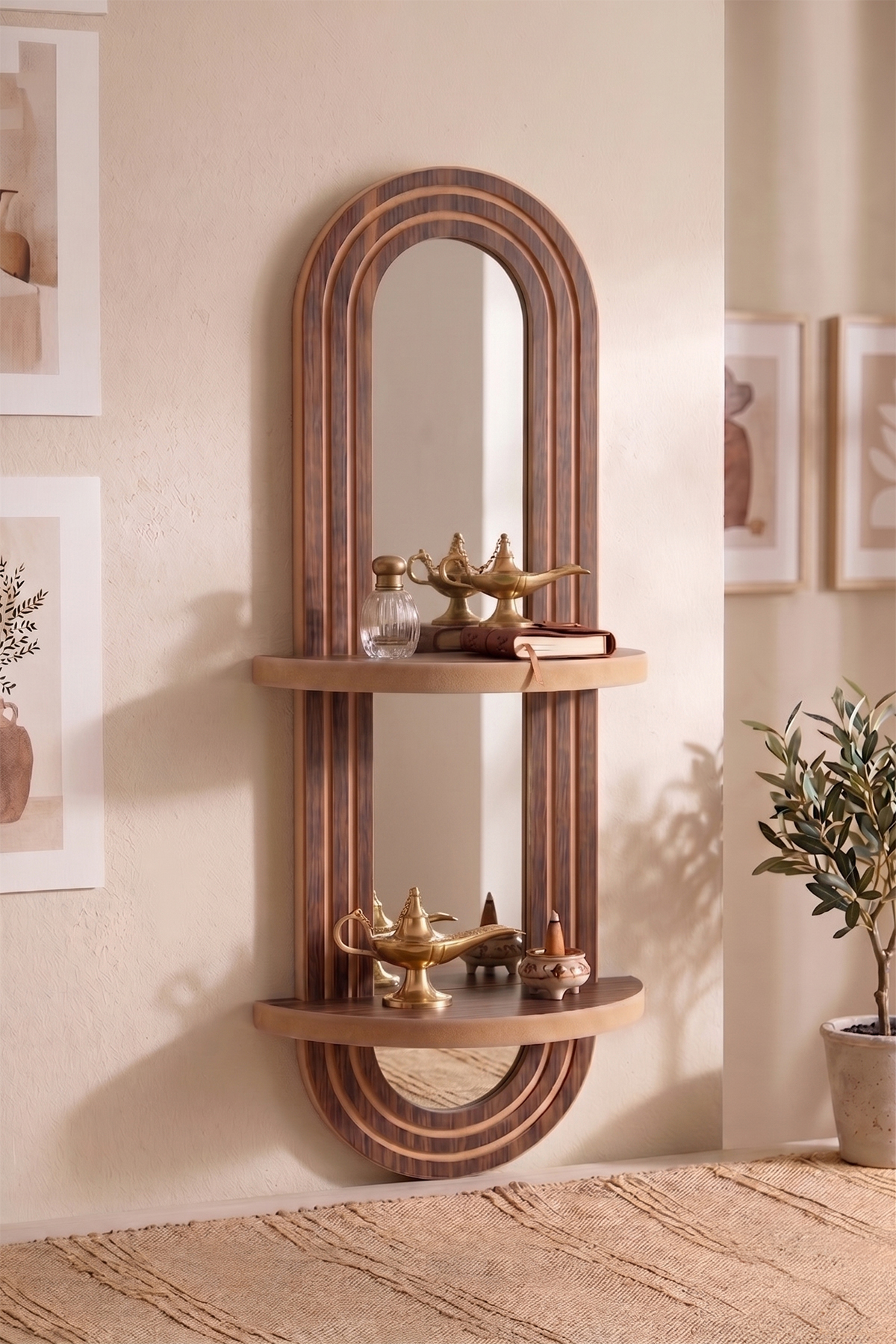 Decorative Plexiglass Mirrored MDF Wall Shelf - 2 Compartment Capsule Mirror and Regulatory Shelf 70x26 Cm - Walnut