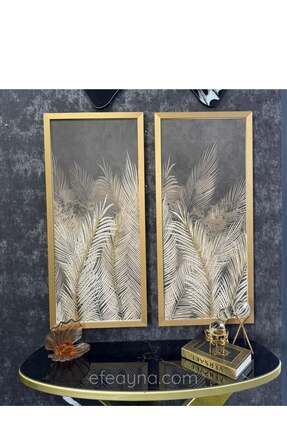 Efe Ayna YAPRAK-GOLD AHŞAP ÇERÇEVELİ-2 Lİ TABLO SETİ-50x110cm (50x110 x 2 ade...
