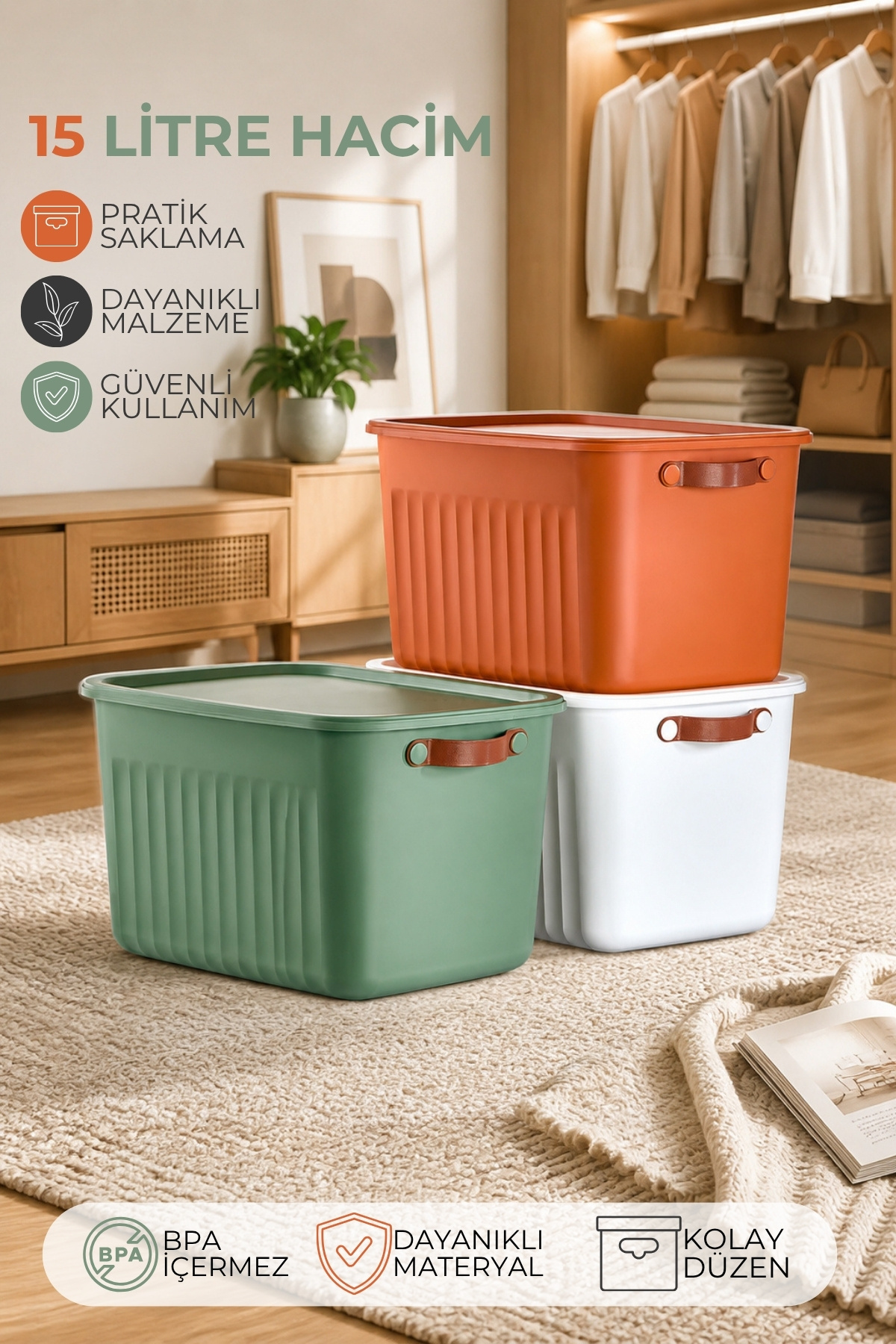 hide出品 Nandy Home 3'lü Set Kapaklı Çok Amaçlı Saklama Kutusu 15 Litre