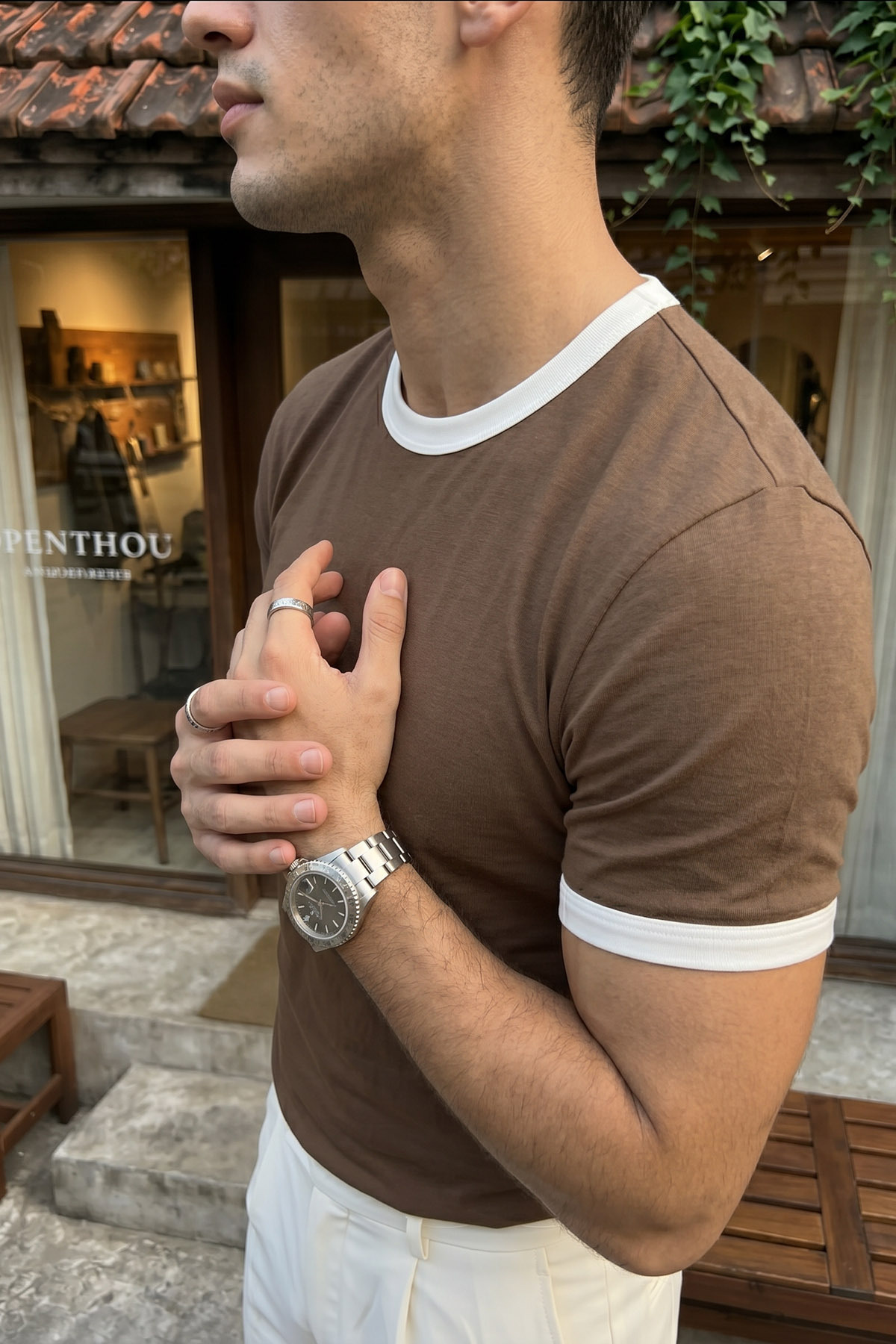 Wour Men's 100% Cotton Premium Crew Neck T-Shirt Contrast Collar Sleeve, Fit Mold
