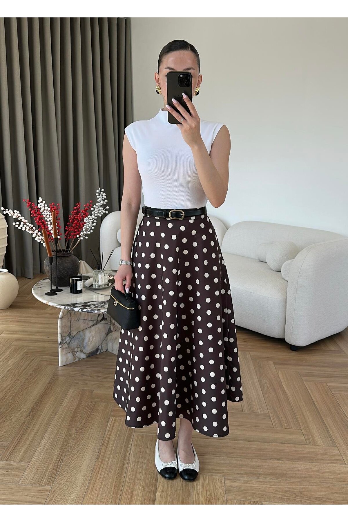 HIGH WAIST POLKA DOT DETAILED FULL SATIN FABRIC WRIST LENGTH LONG FLARED SKIRT DE32010