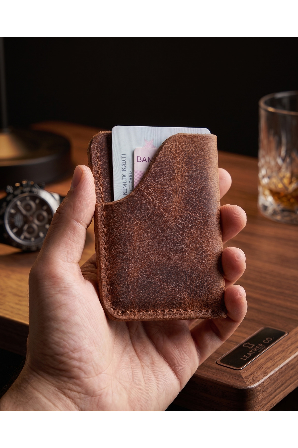 BUO Leather Hakiki Deri Avuç İçi Kartlık, Gerçek Deri, Minimal Unisex Kartlık