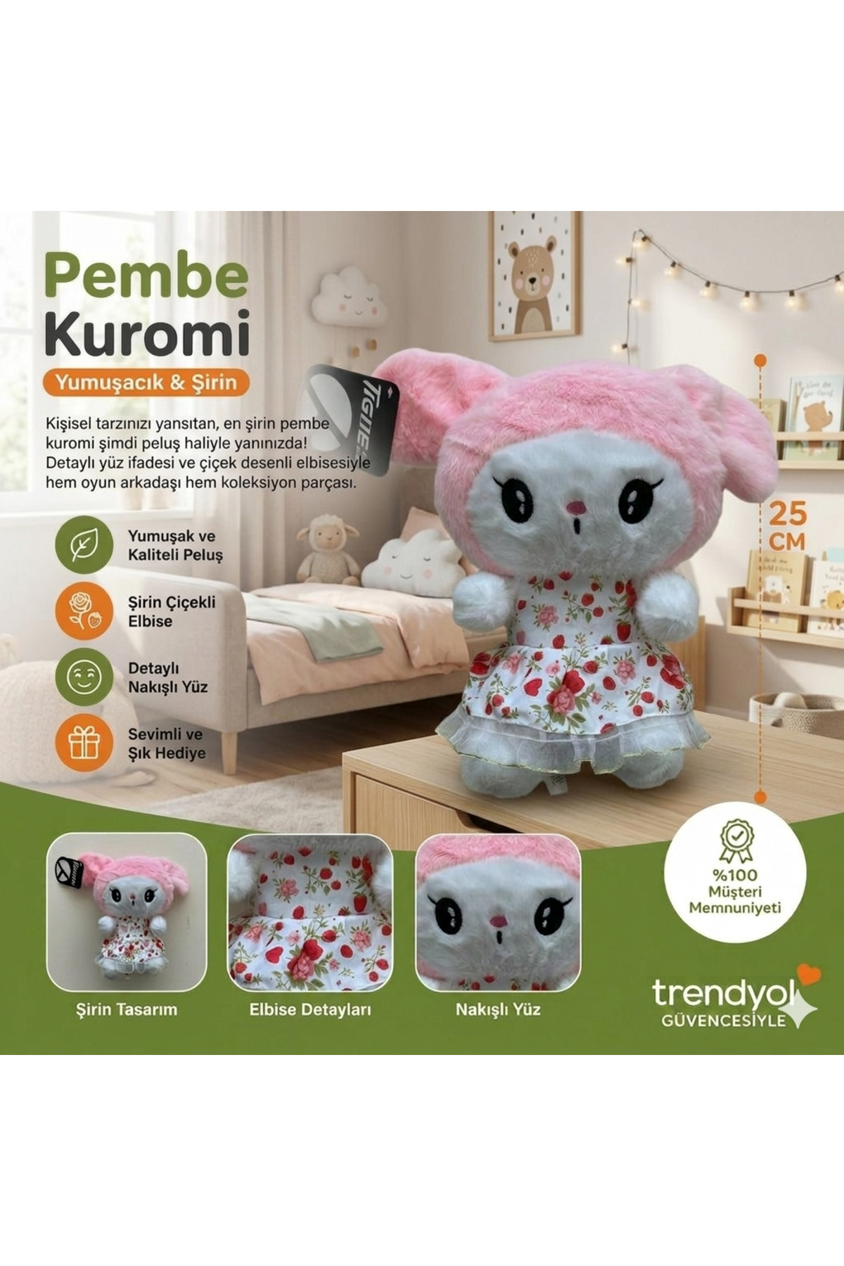 TIGOES Kuromi Peluş Oyuncak 25 cm Yumuşak Dokulu Punk Stil