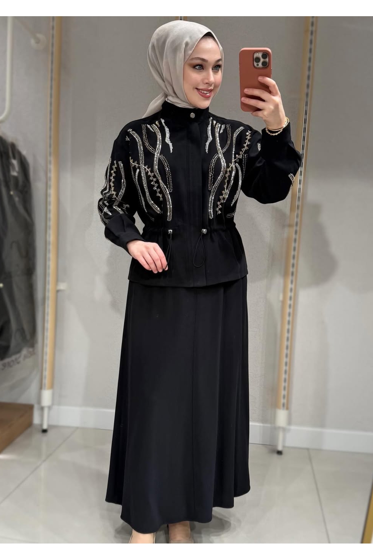Solishop Stone Embroidered Front Cupra Fabric Double Stylish Hijab Set
