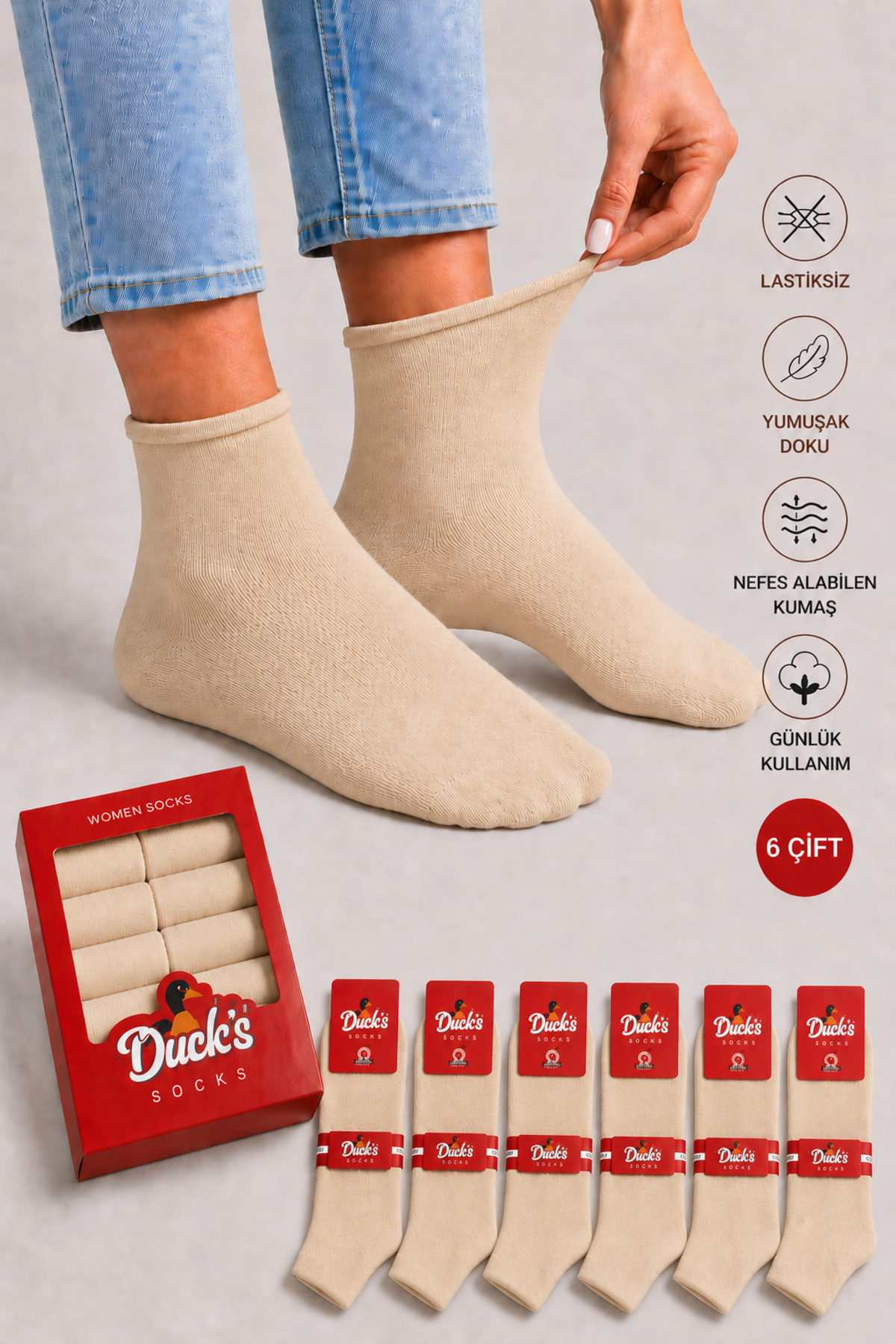 Women's Beige 6-Pack Cotton Boxed Elastic Socks Diabetic Friendly Seamless Traceless Short Socks