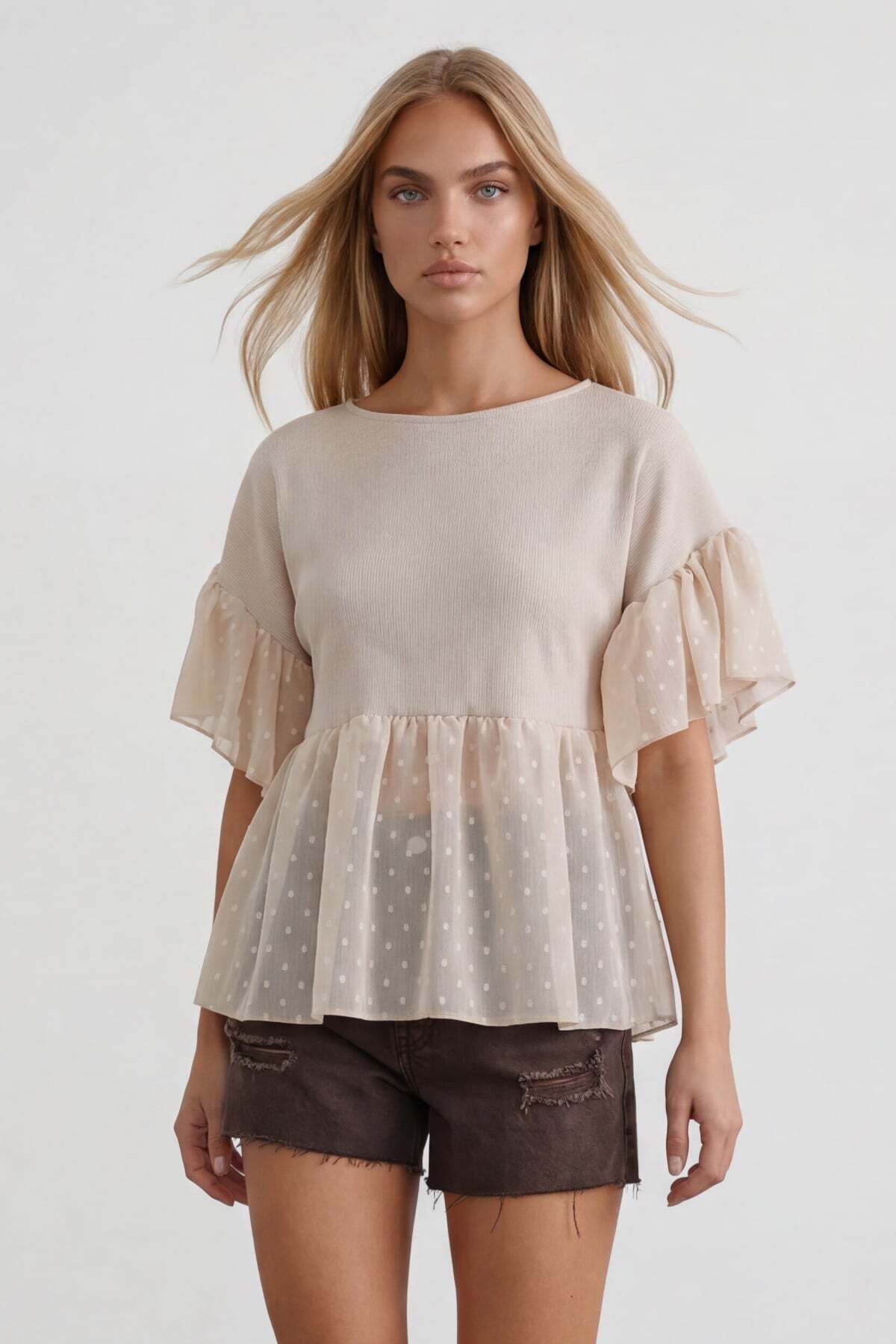 Beige Skirt And Sleeve Chiffon Frilly Knitted Blouse ALC-X15513