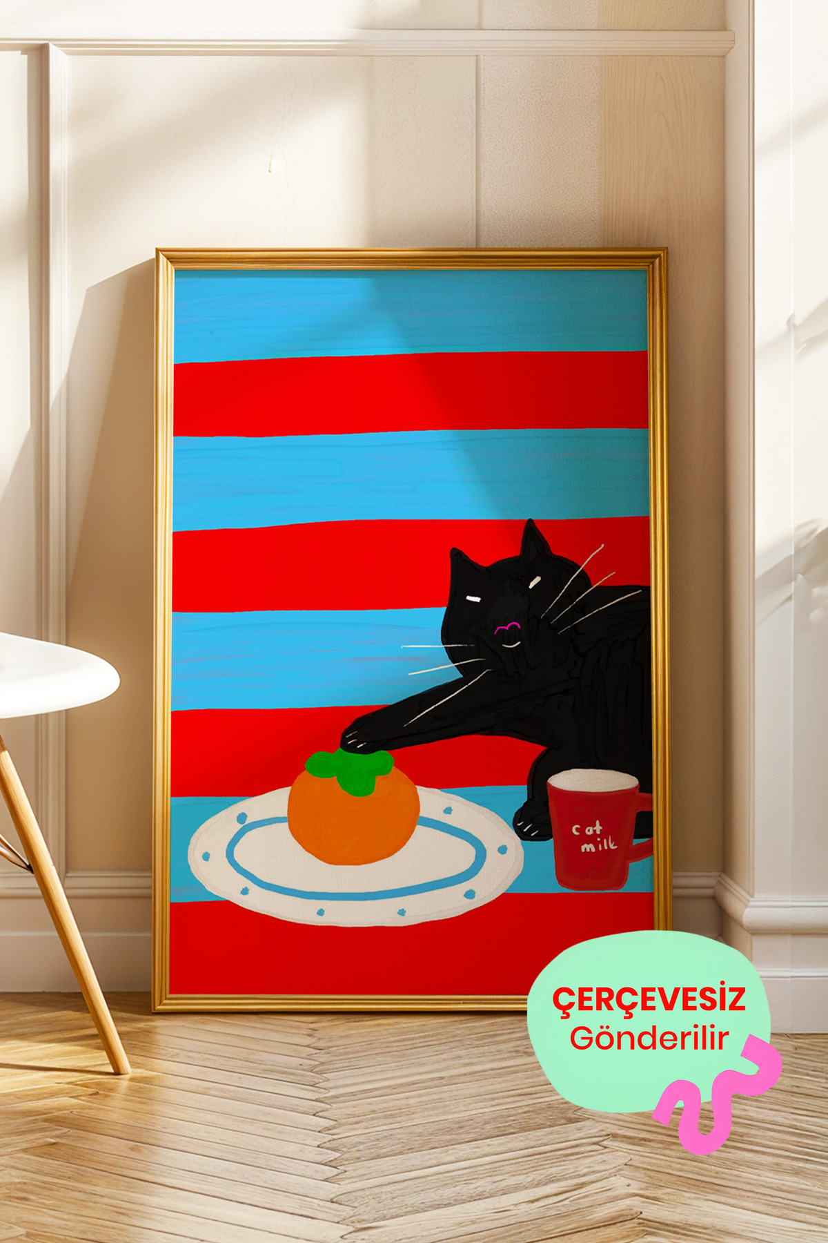 Siyah Kedi ve Portakal Tablo Poster Renkli Mizahi İllüstrasyon Çerçevesiz