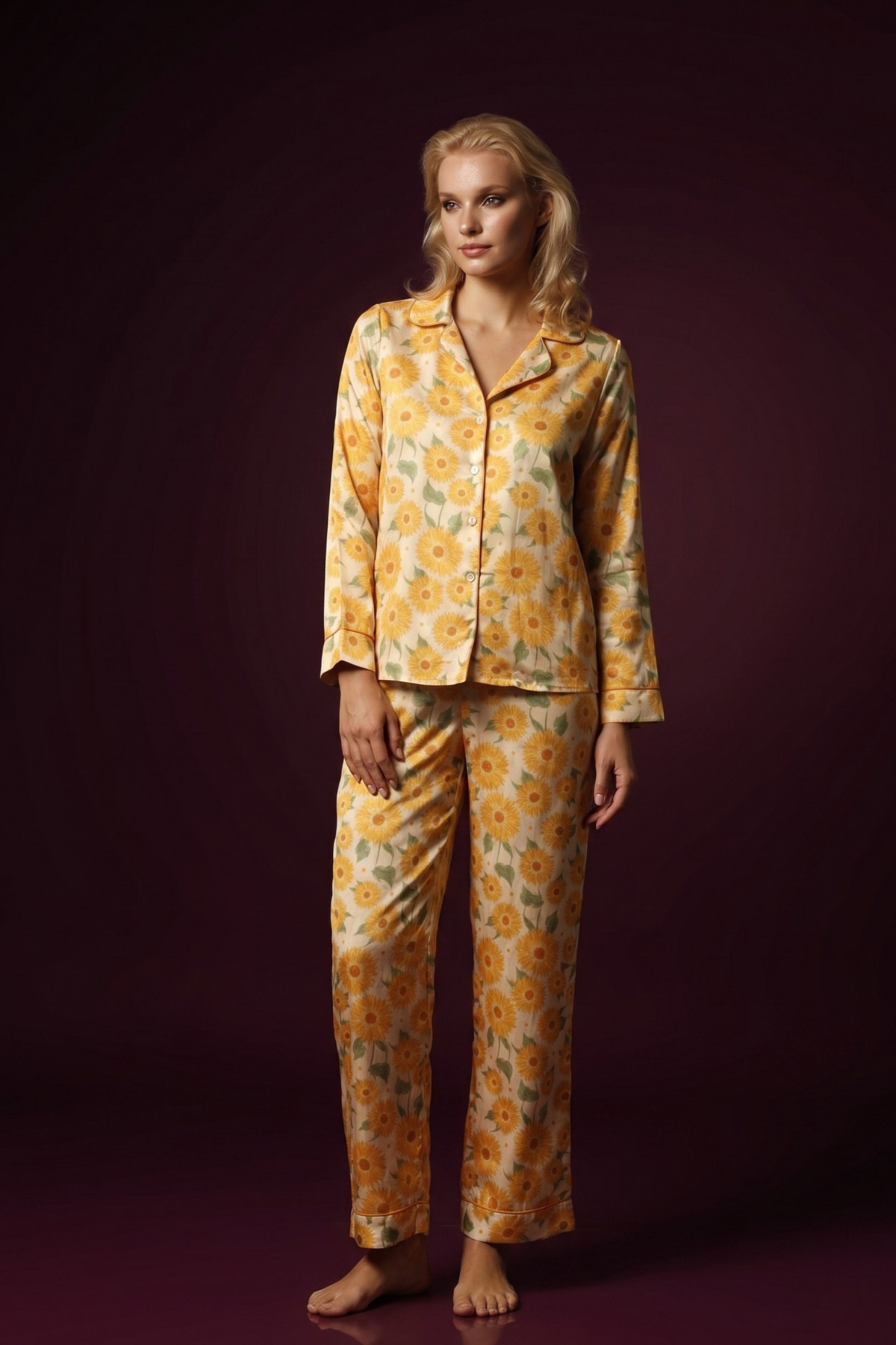 Kadın Ayçiçek Desenli Pijama Takımı, Yazlık ve Rahat 2’li Set