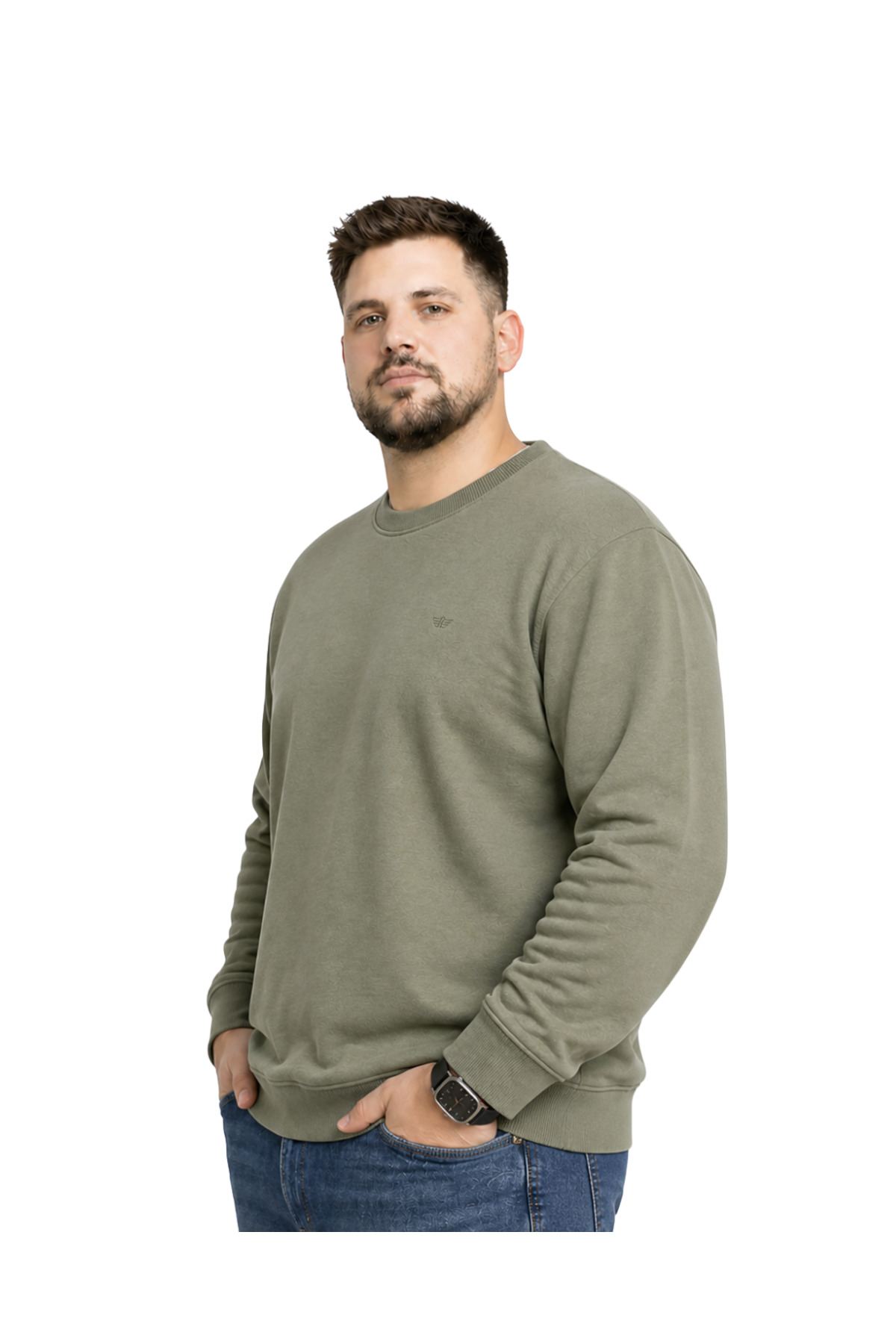 BattalModa Erkek Büyük Beden Haki İki İplik Bisiklet Yaka Sweatshirt 3XL-4XL-5XL-6XL-7XL-8XL görsel 2