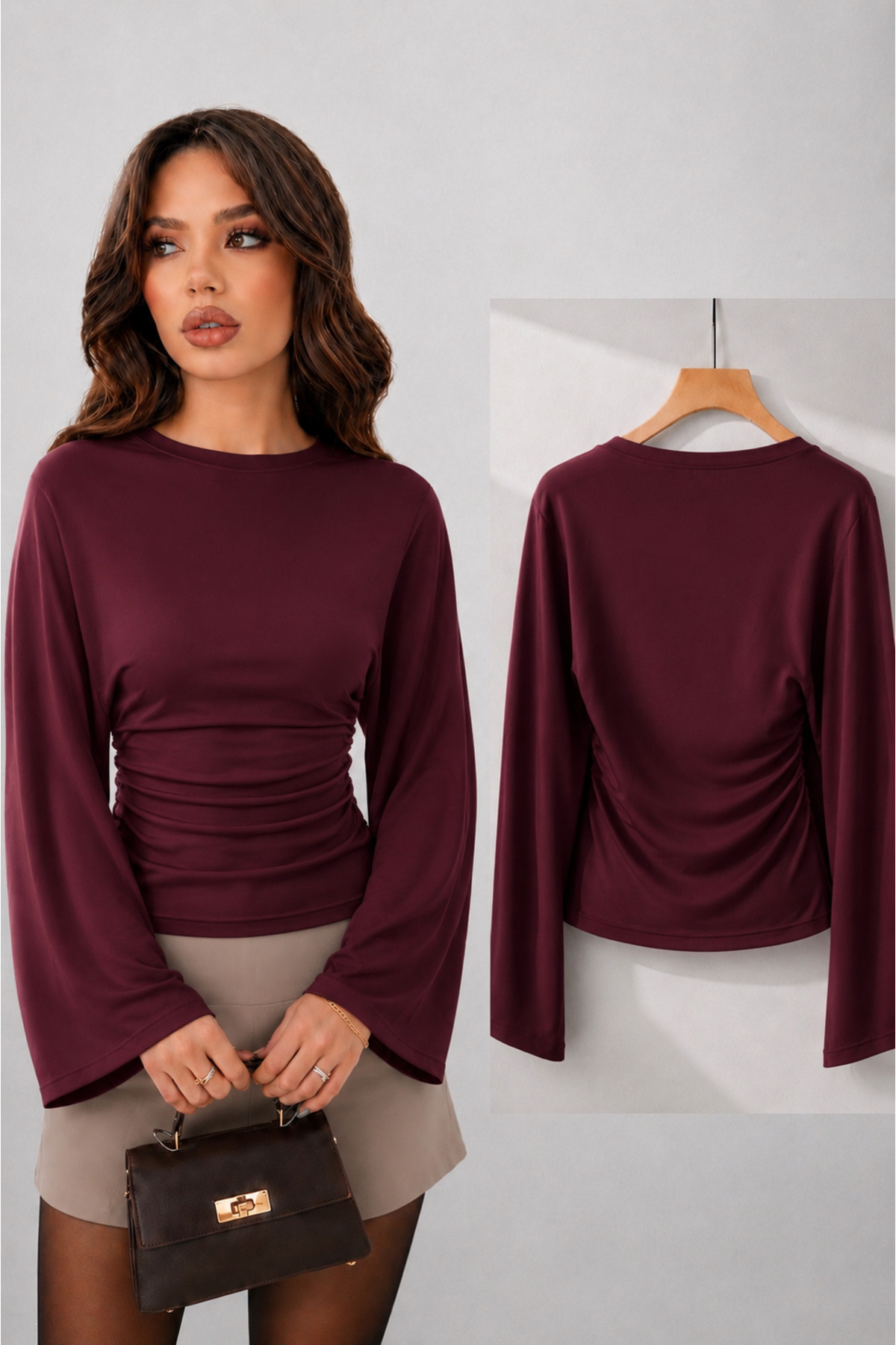 Modal Fabric Drawstring Detail Wide Sleeve Women's Blouse 212