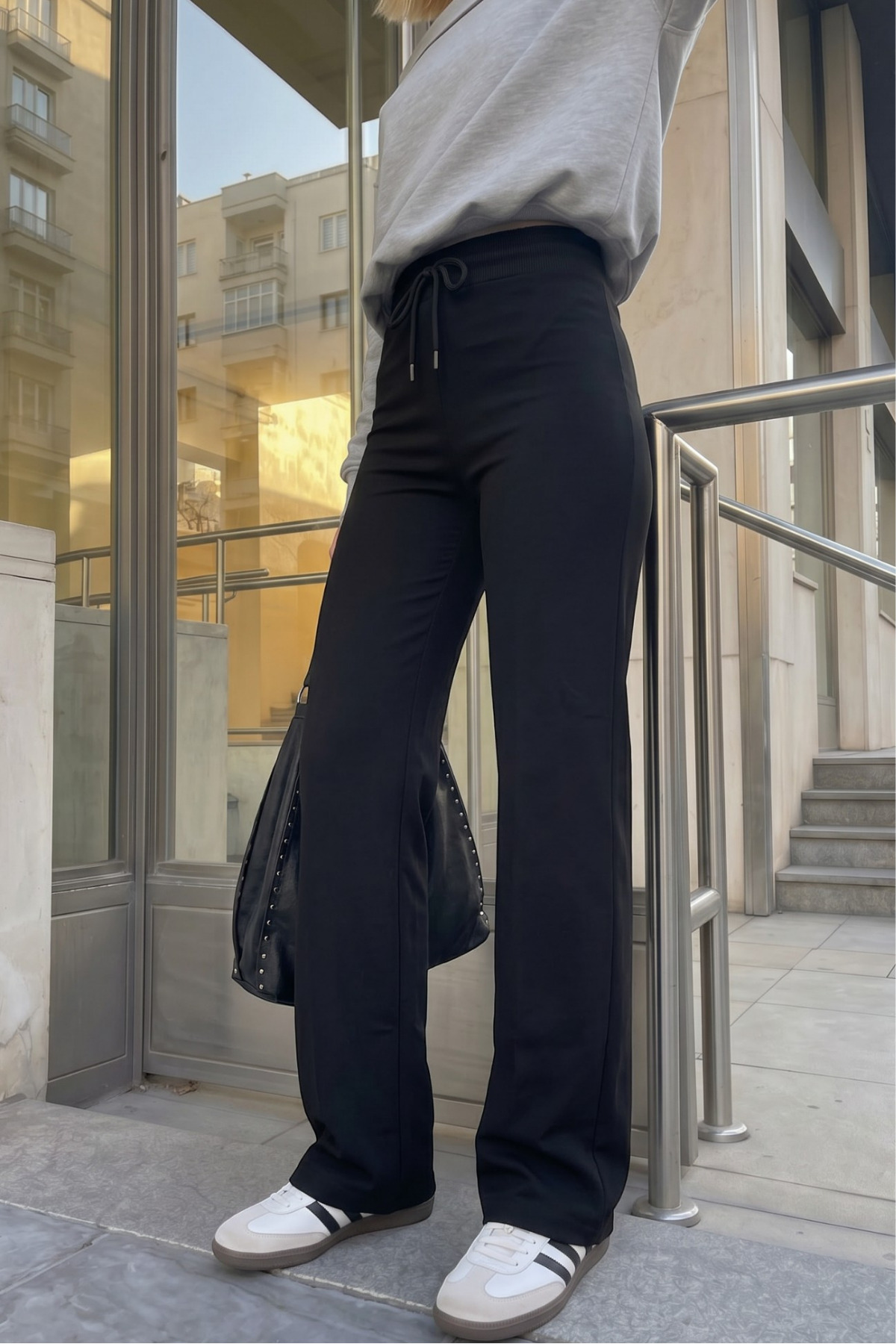 macharel jeans Kadın Ribana Lastikli Bol Paça Palazzo Siyah Eşofman Altı görsel 2