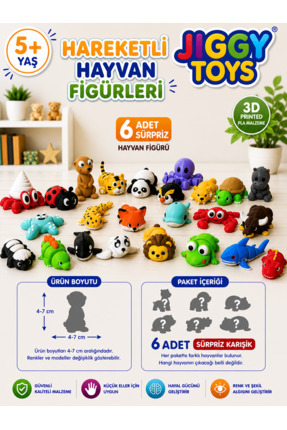 Jiggy Toys 6 Adet Eklemleri Hareketli, Organik, Eğitici Minik Hayvan Figür Sü...