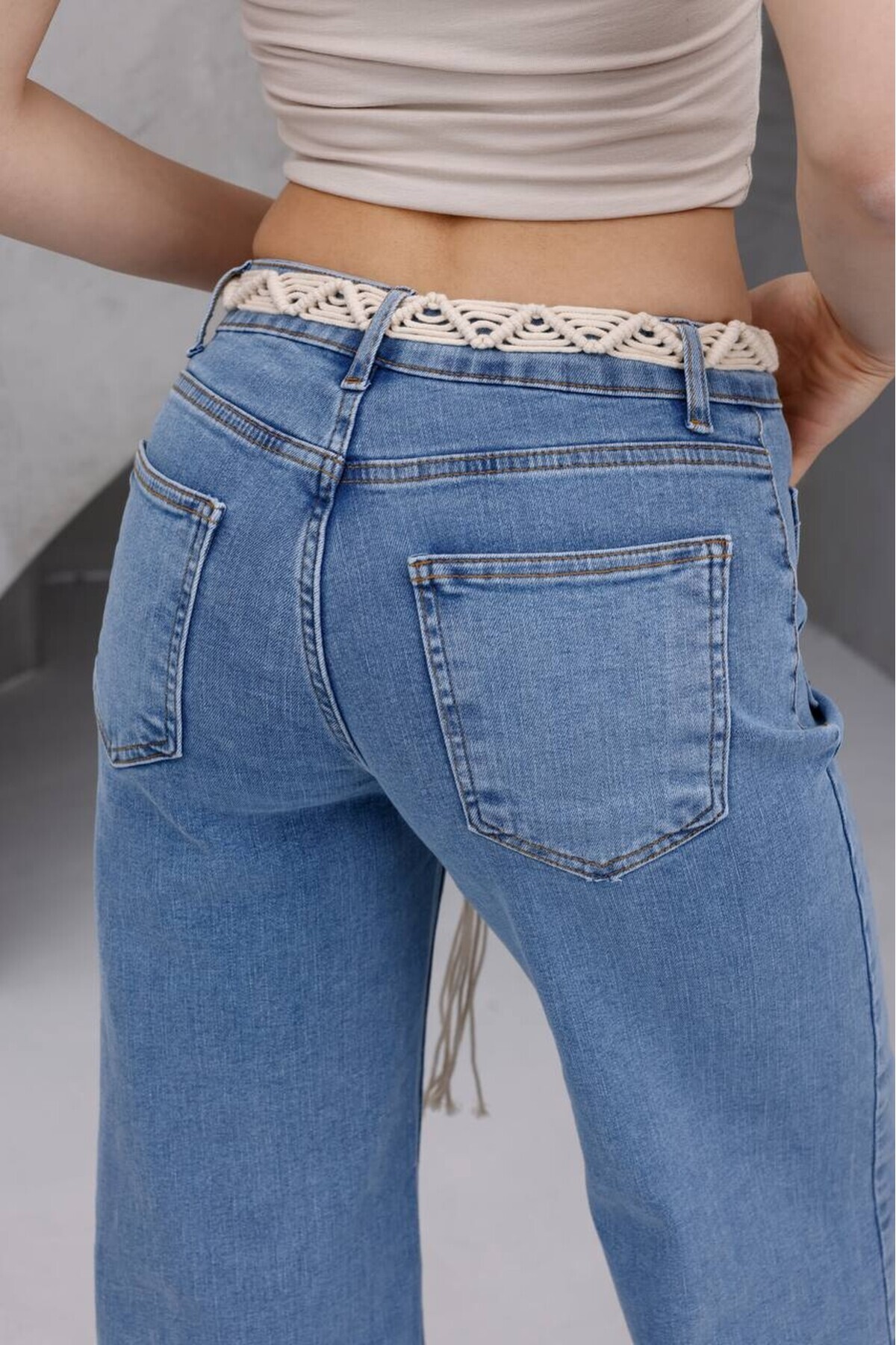 Kadın Hasır Kemer Detaylı Yüksek Bel Wide Leg Jean Pantolon 3