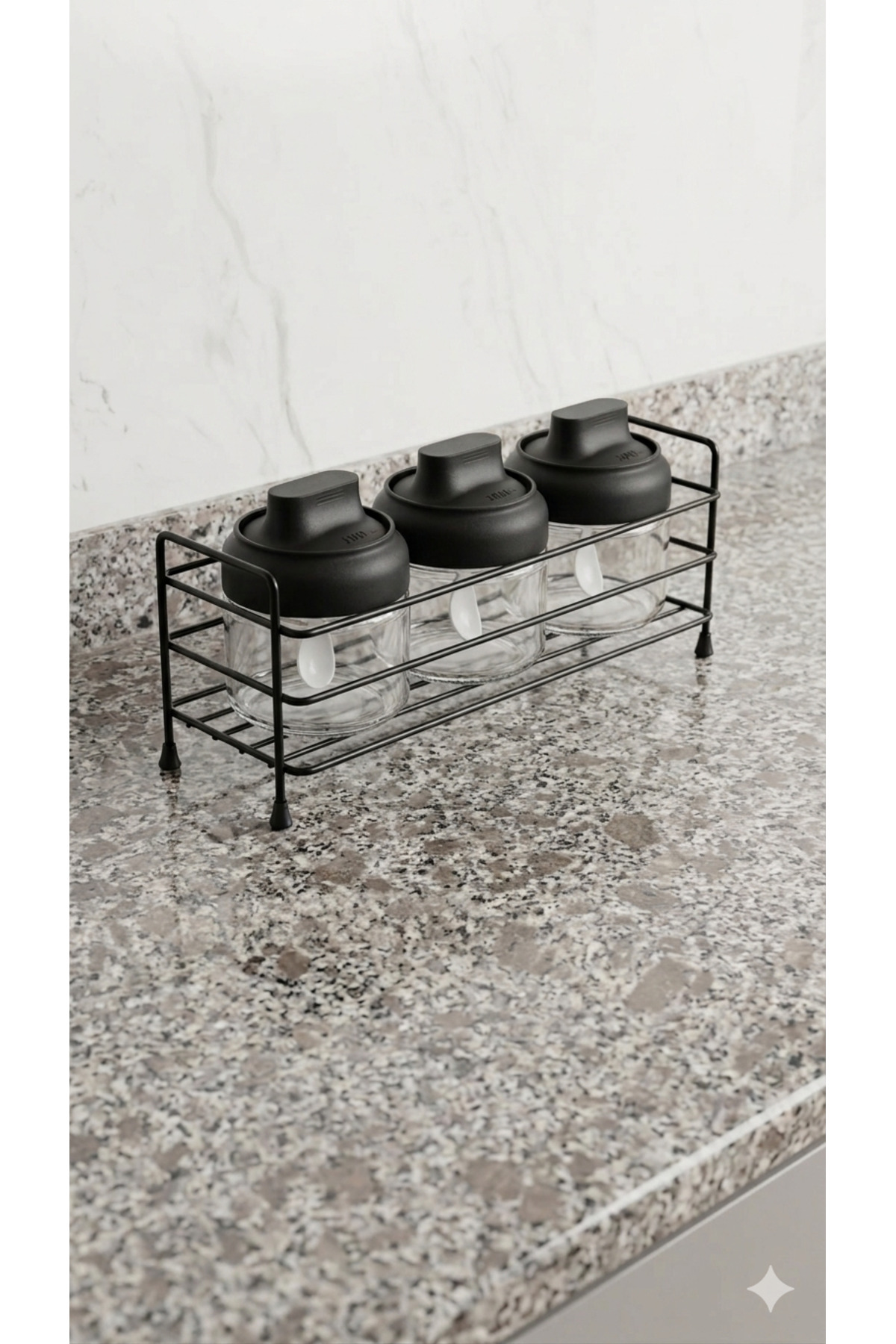Countertop 3-Piece Spice Rack Set with Spoon - Glass Jar Set with Black Lid