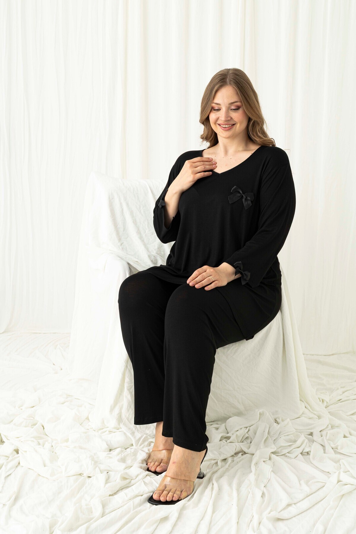 Miss Meryem Siyah Dantel Detaylı Ring Viskon Büyük Beden Üç Çeyrek Kol Tunik Pijama Takım görsel 4
