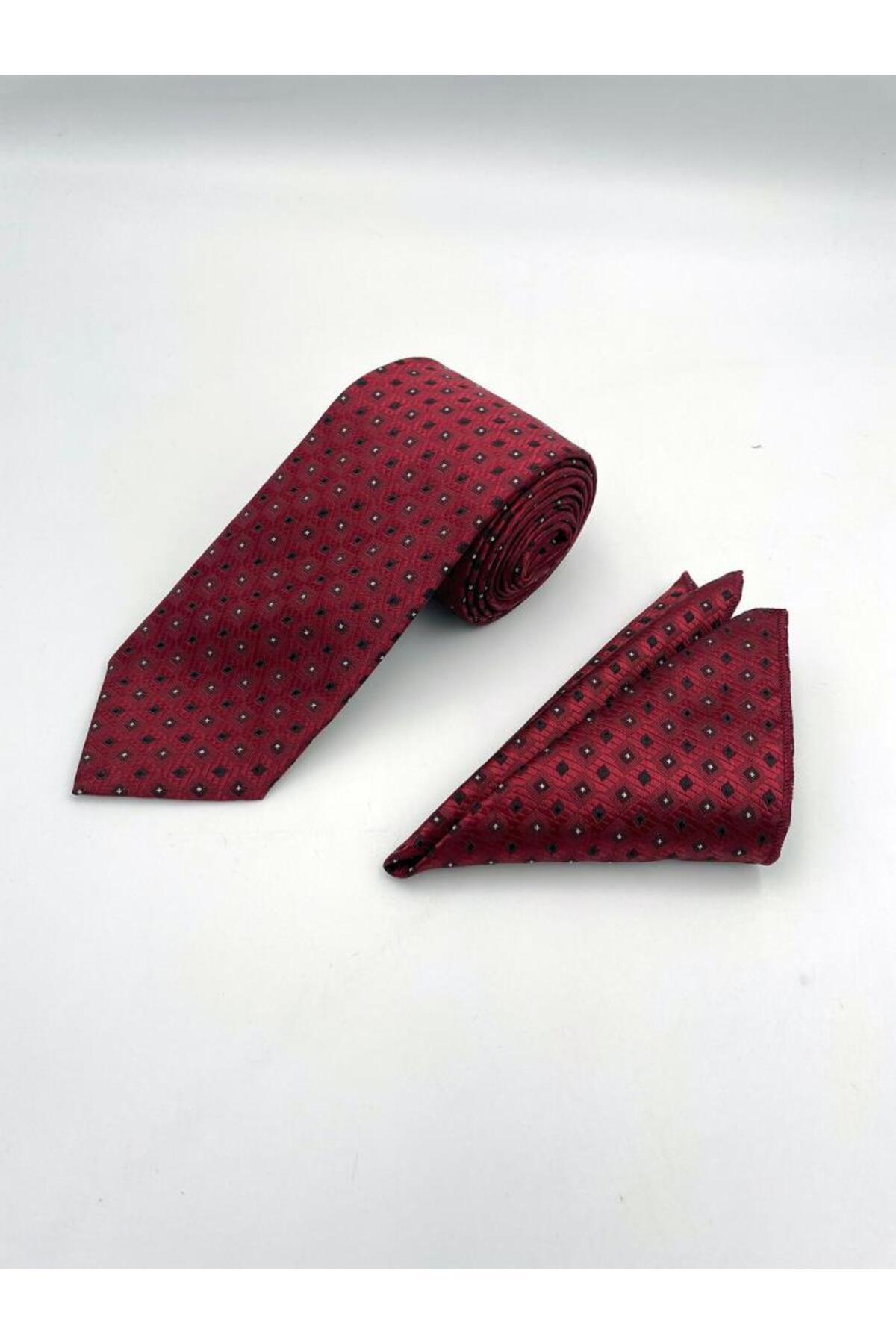 Brianze 8 Cm Bordo Siyah Desenli Kravat Mendil Set görsel 2