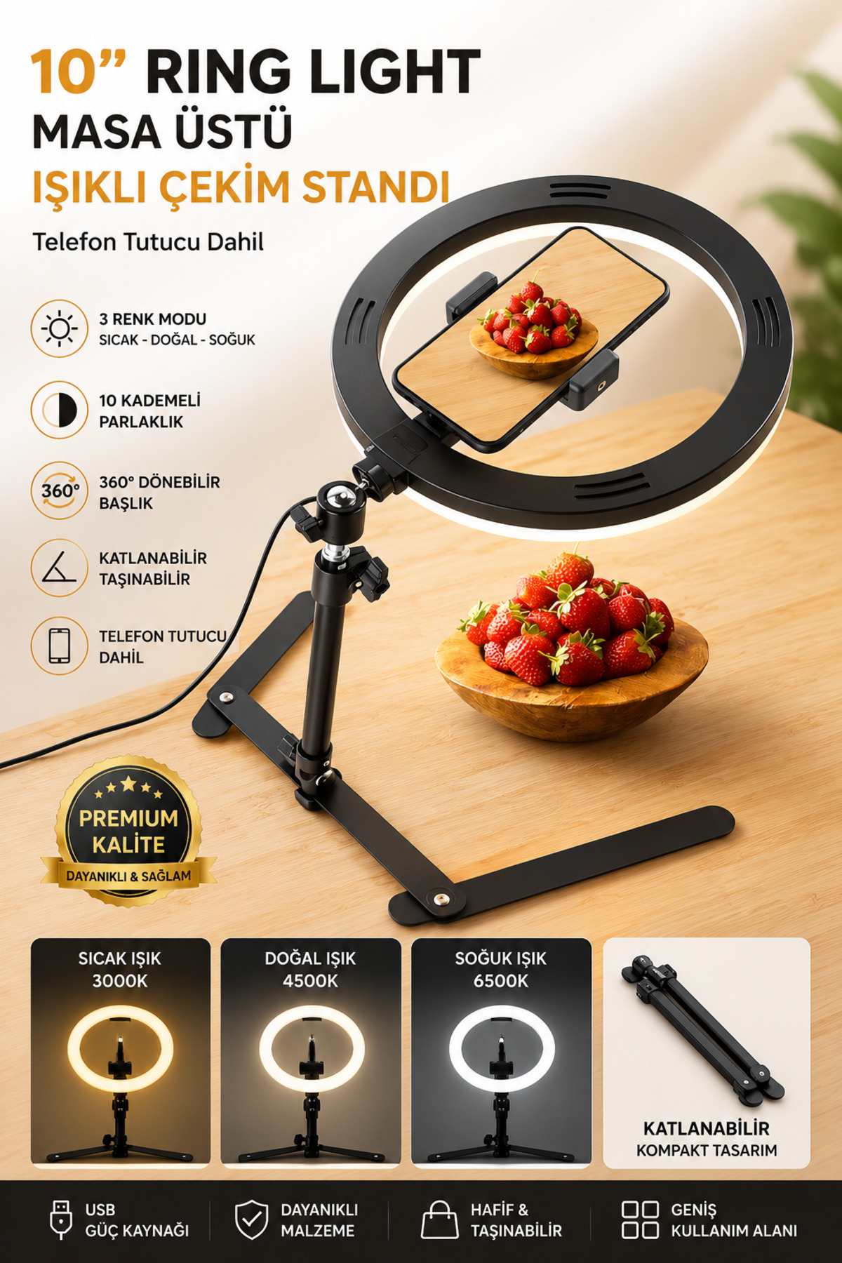 SAYMOND Masaüstü Çekim Standı Ürün Video Fotoğraf Çekimi 10" Ring Light Tripod Selfie Işığı