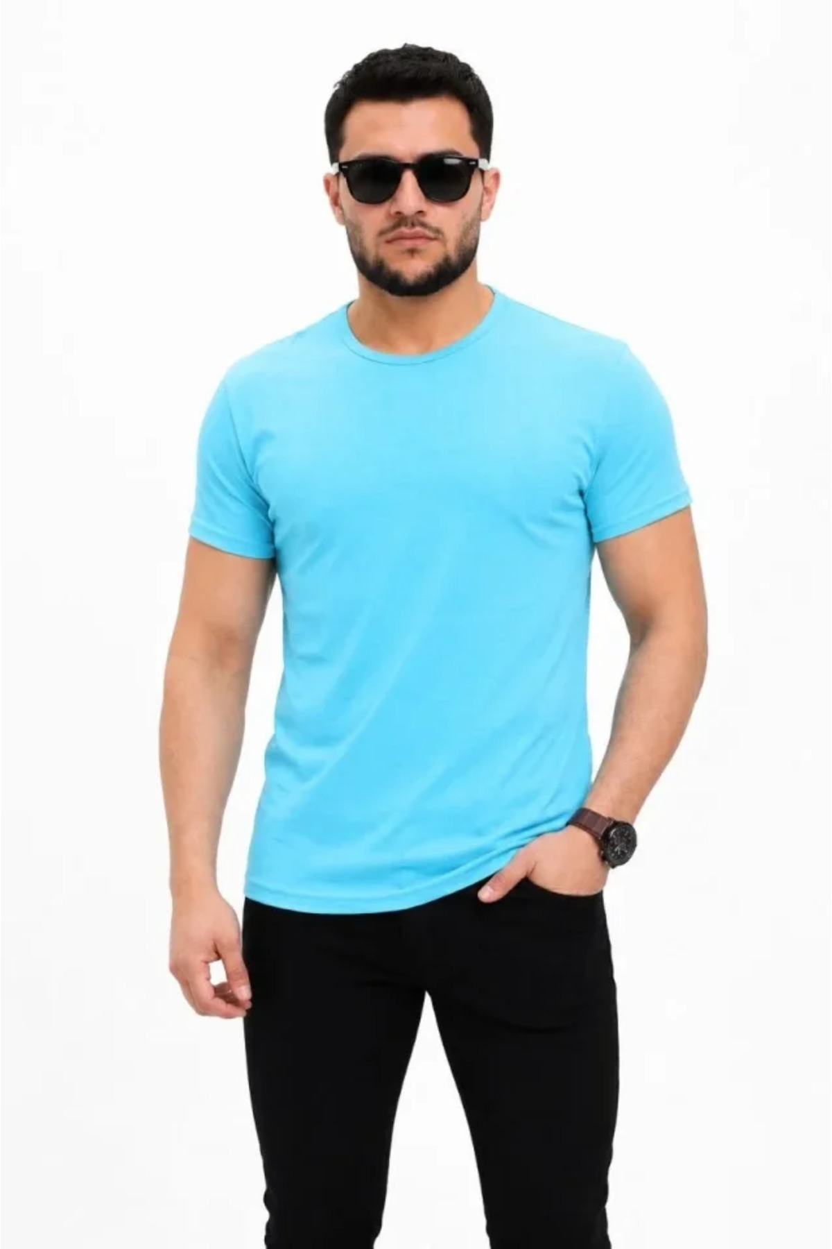 Erkek Basic Tişört Bisiklet Yaka Kısa Kol Günlük Yazlık Slim Fit T-Shirt - Açık Mavi alternatif görünüm