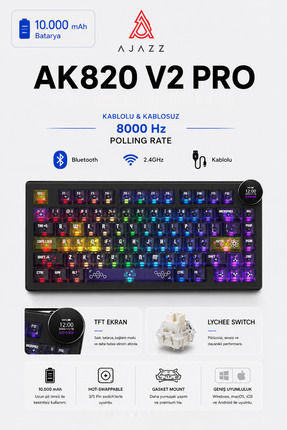 Ajazz Ak820 V2 Pro 8K+8K Ekranlı Mekanik Oyun Klavyesi-10.000 Mah Batarya