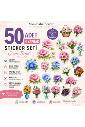 Minimaliz Studio 50 Adet Çiçek Sticker Seti 4 Yaprak – Pastel Çiçekler, Defte...