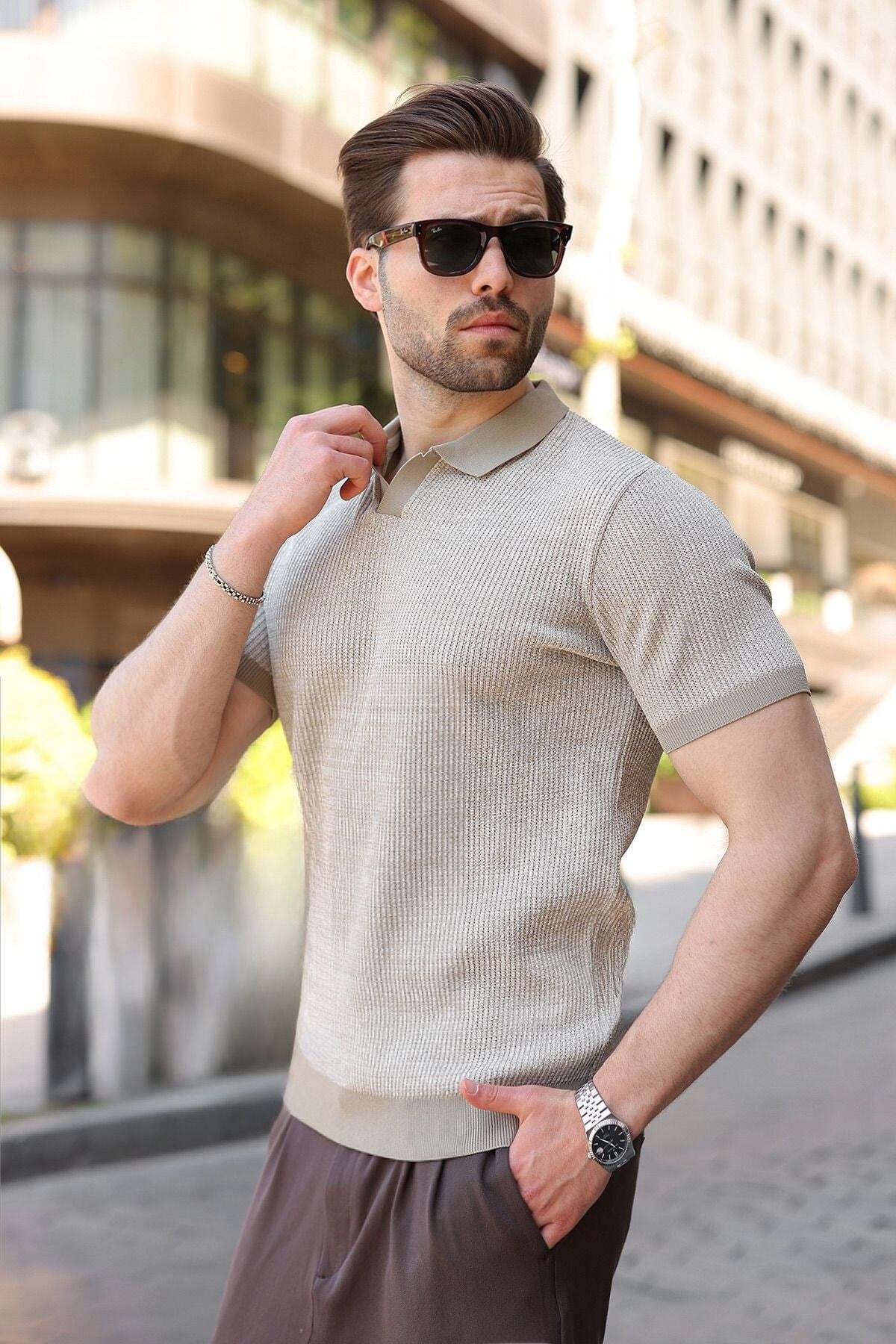 Madmext Sand Color Polo Collar Regular Fit Men's Knitwear T-Shirt E7496