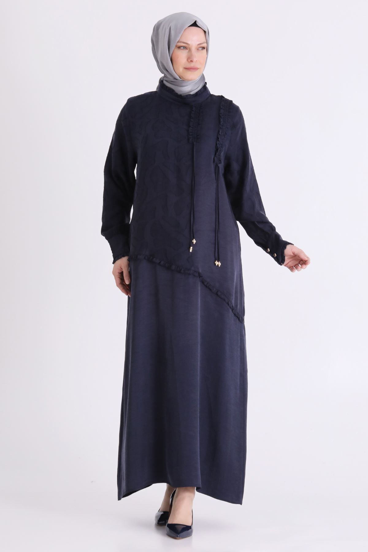 Büyük Beden Tesettür doğal pamuklu kumaş elbise lacivert - Lacivert / 3XL