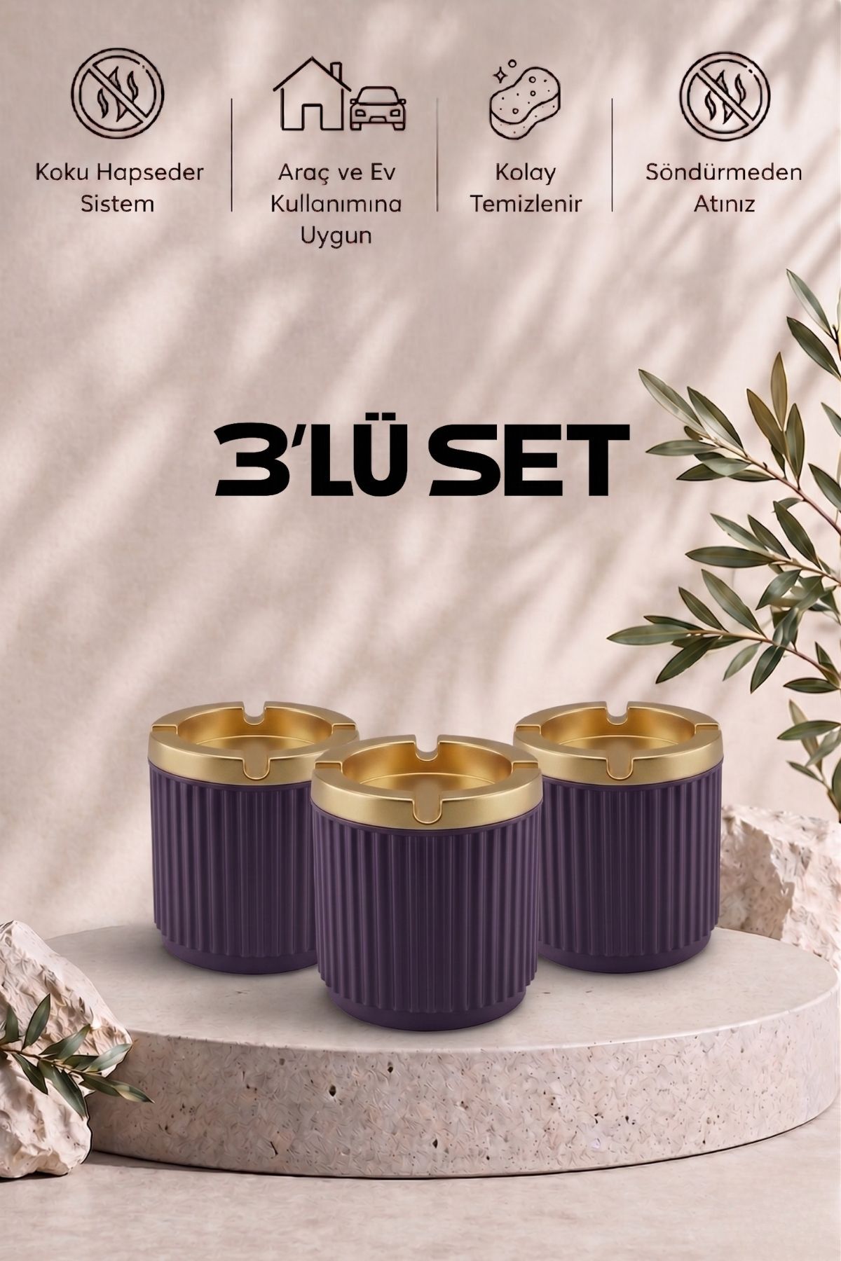 3Pcs Round Striped Ashtray | Smokeless Cigarette Ashtray with Lid with Reservoir | Home Office Balcony Tool