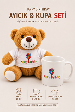 Yenilig Happy Birthday Tişörtlü Peluş Ayıcık ve Kupa Bardak Seti Doğum Günü H...