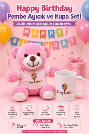 Yenilig Happy Birthday Pembe Peluş Ayıcık ve Kupa Bardak Seti Doğum Günü Hedi...