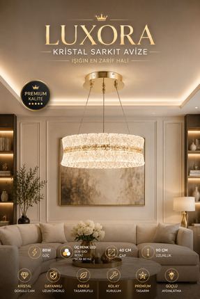 Elvora Home Modern (PREMIUM) Kristal Sarkıt Avize Gold Kasa Üç Renk LED Cam T...
