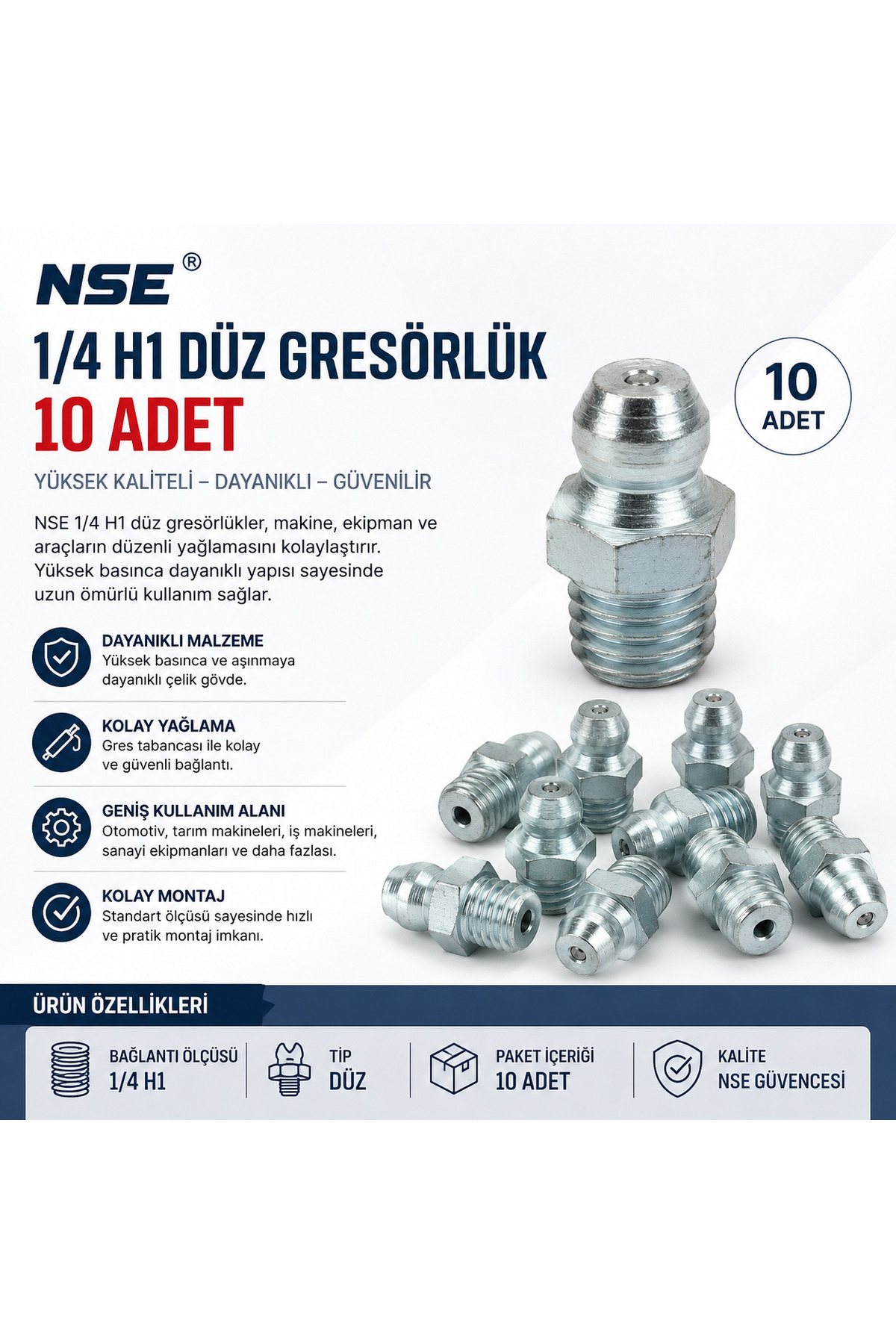 NSE 1/4 H1 Düz Gresörlük 10 Adet – Yağlama Nipeli, Gresörlük Meme Ucu, Endüstriyel Makine ve Araç Yağlama Aparatı